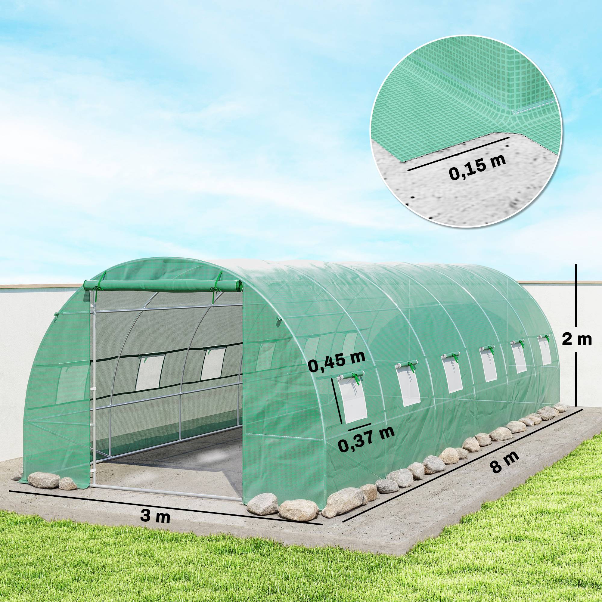 Grande Serre Tunnel 24m² Acier et Bâche PE 12 Fenêtres pour Jardin Potager 8x3x2 m Vert - ComfortXL Outdoor Living - Image 5