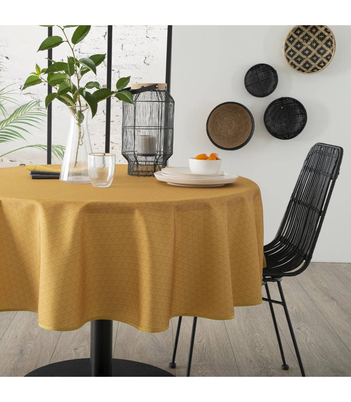Nappe ronde anti-taches Jaune Ocre imprimé Ethnique D 180 cm - Image 3