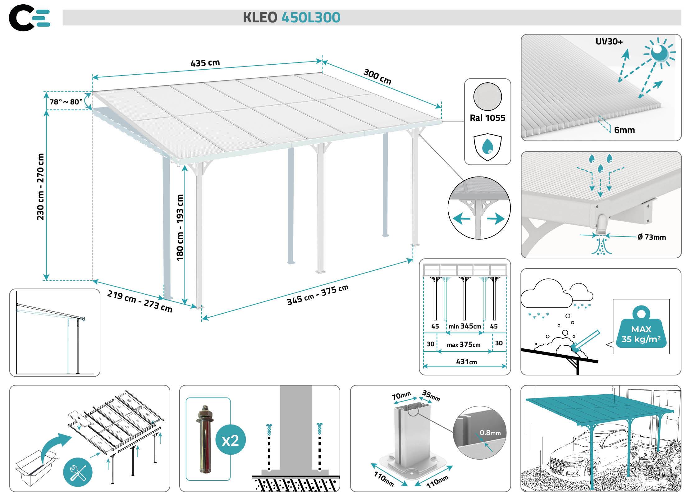CAZEBOO - Cazeboo Pergola/Carport adossée 13,5 m² KLEO 4,5x3 m blanc - toit terrasse en aluminium et polycarbonate - Image 2