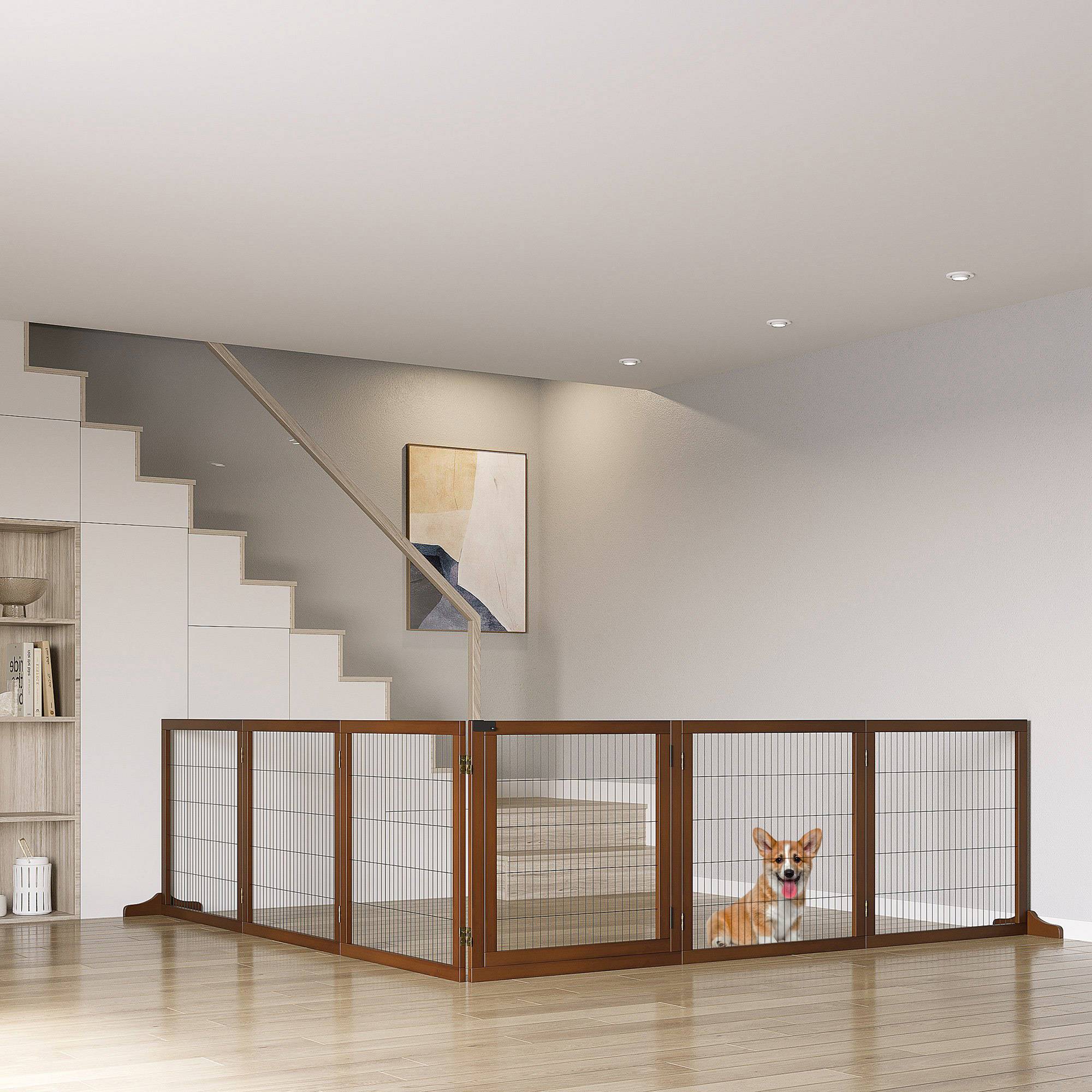 Barrière pour chien, pliable, pin, 432 x 36 x 70 cm, café - Image 4