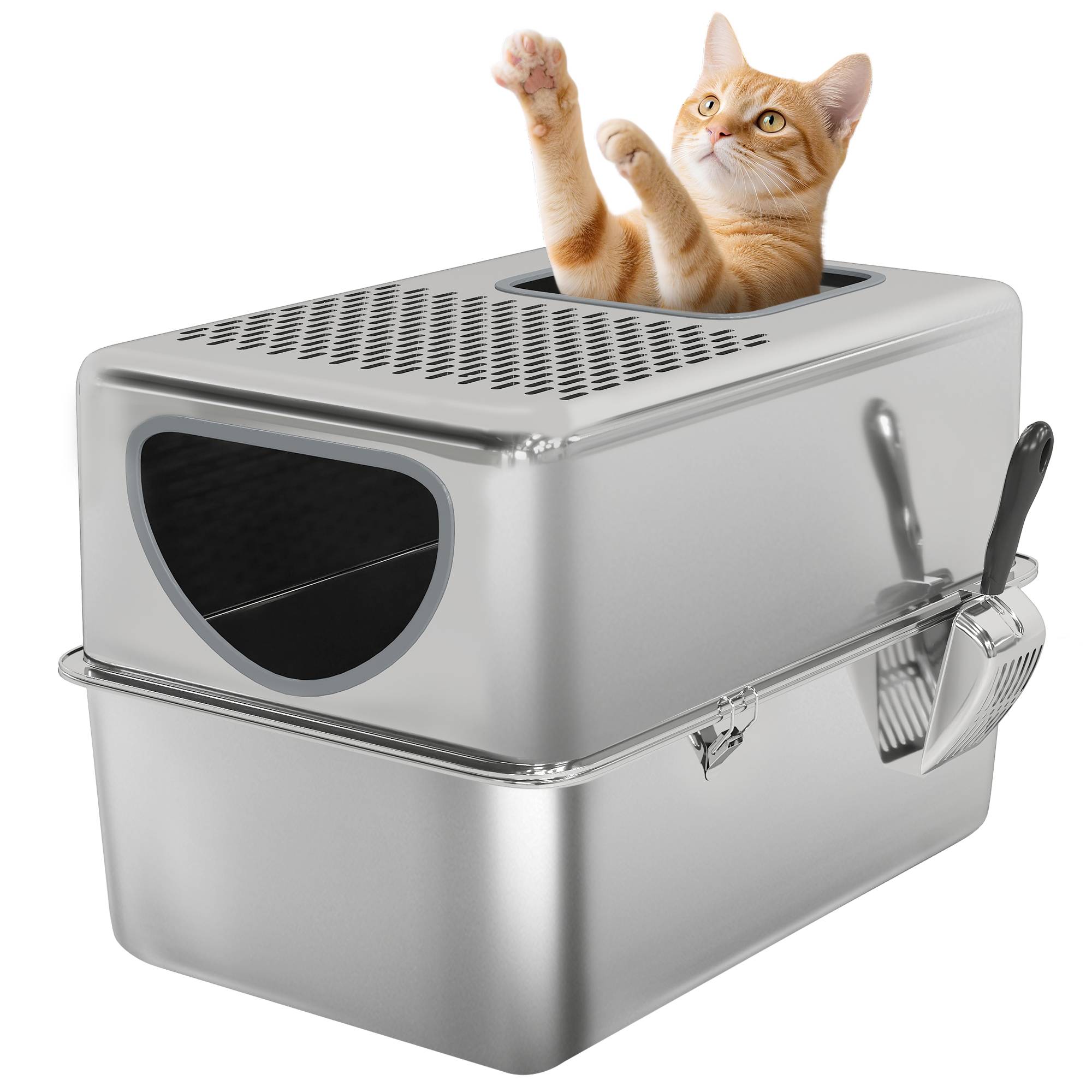 Bac à litière argent en inox XL avec pelle, double ouverture et facile à nettoyer, accessoire design sobre pour chat pratique et hygiénique - Image 1