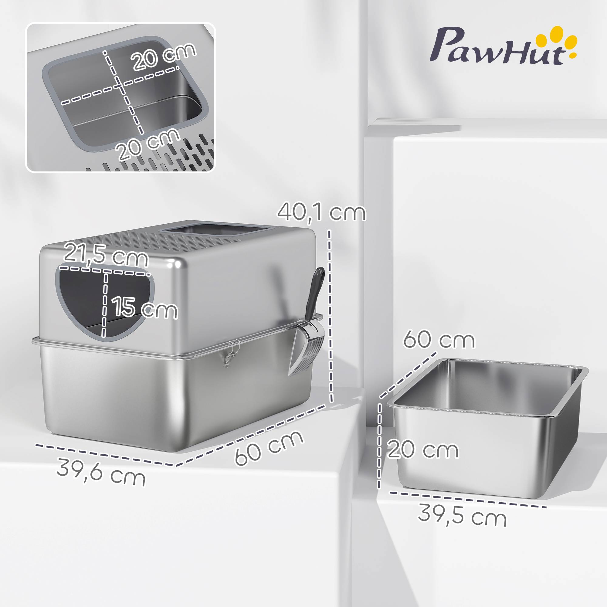 Bac à litière argent en inox XL avec pelle, double ouverture et facile à nettoyer, accessoire design sobre pour chat pratique et hygiénique - Image 5
