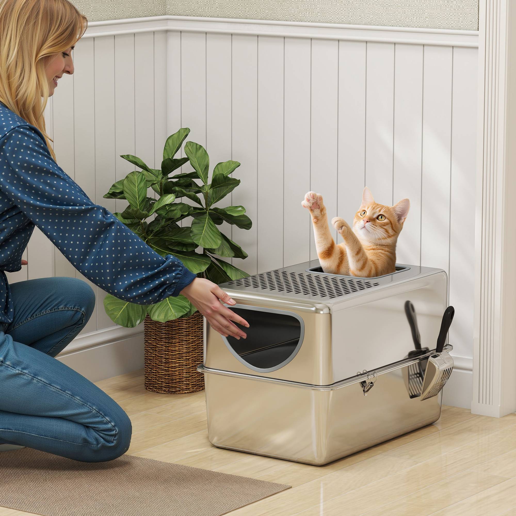 Bac à litière argent en inox XL avec pelle, double ouverture et facile à nettoyer, accessoire design sobre pour chat pratique et hygiénique - Image 3