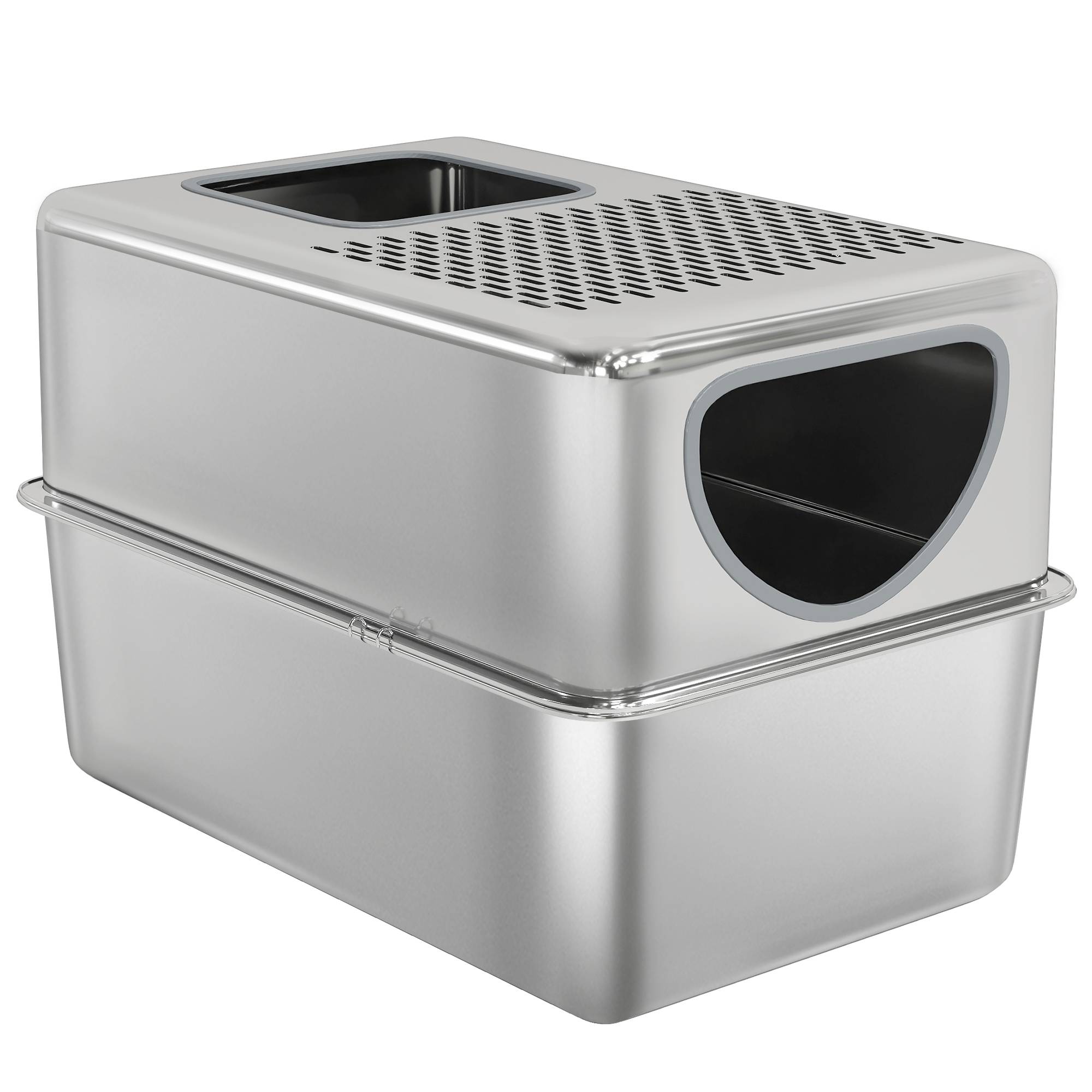Bac à litière argent en inox XL avec pelle, double ouverture et facile à nettoyer, accessoire design sobre pour chat pratique et hygiénique - Image 2