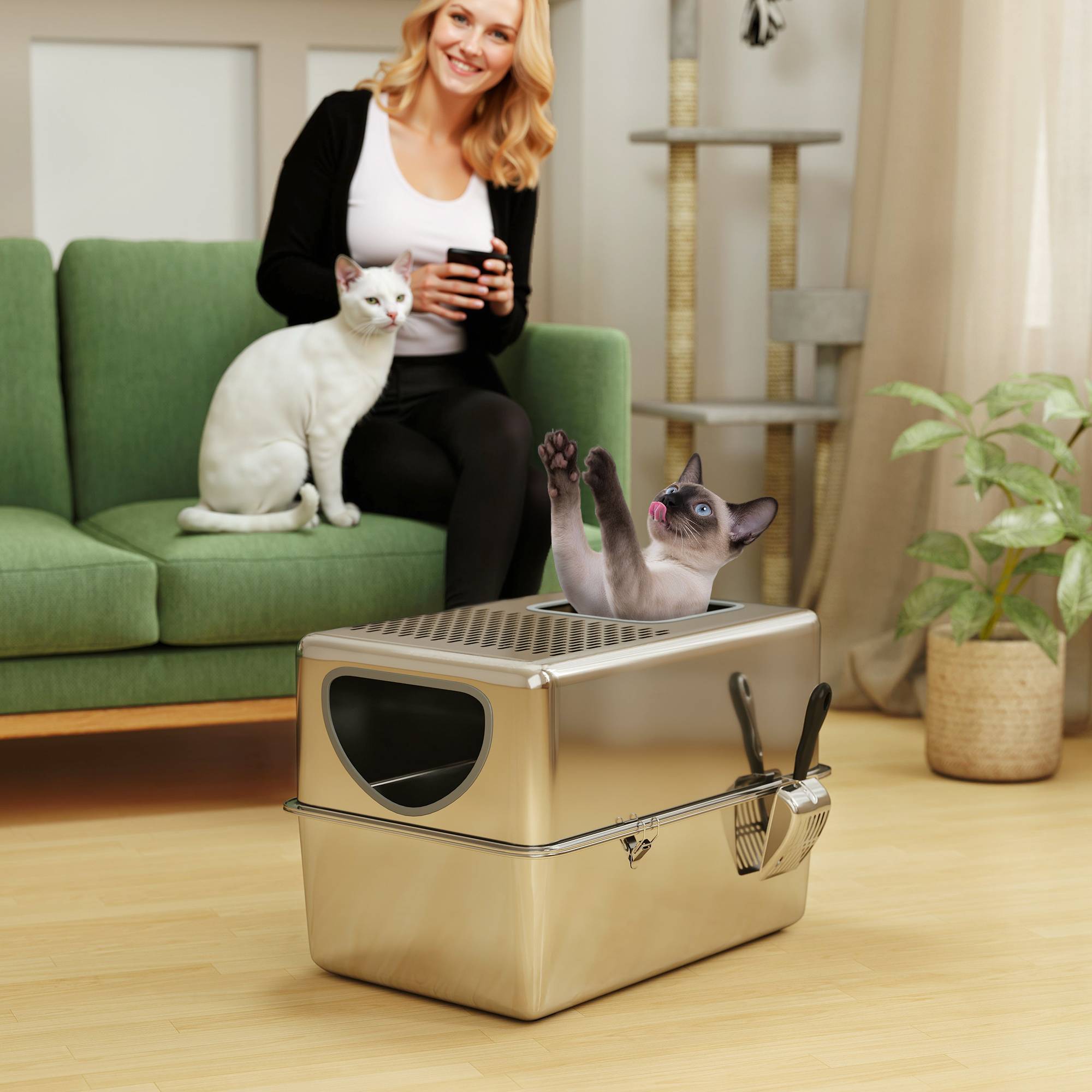 Bac à litière argent en inox XL avec pelle, double ouverture et facile à nettoyer, accessoire design sobre pour chat pratique et hygiénique - Image 4