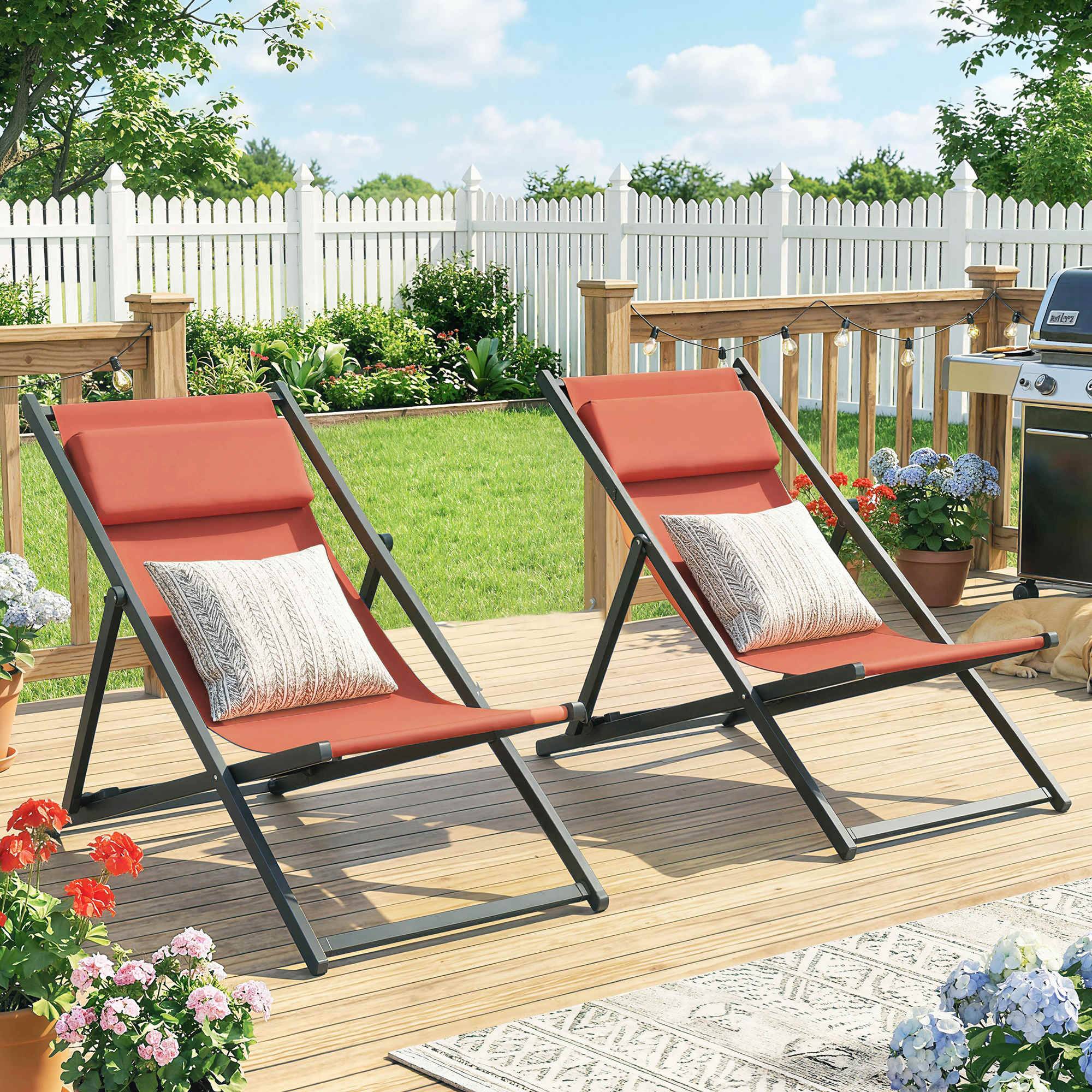 Lot de 2 bain de soleil, chaise longue pliante avec appuie-tête - 100x61x85cm Aluminium Rouge fr73 - Image 3