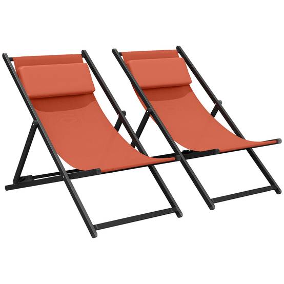 Lot de 2 bain de soleil, chaise longue pliante avec appuie-tête - 100x61x85cm Aluminium Rouge fr73 - Image 1