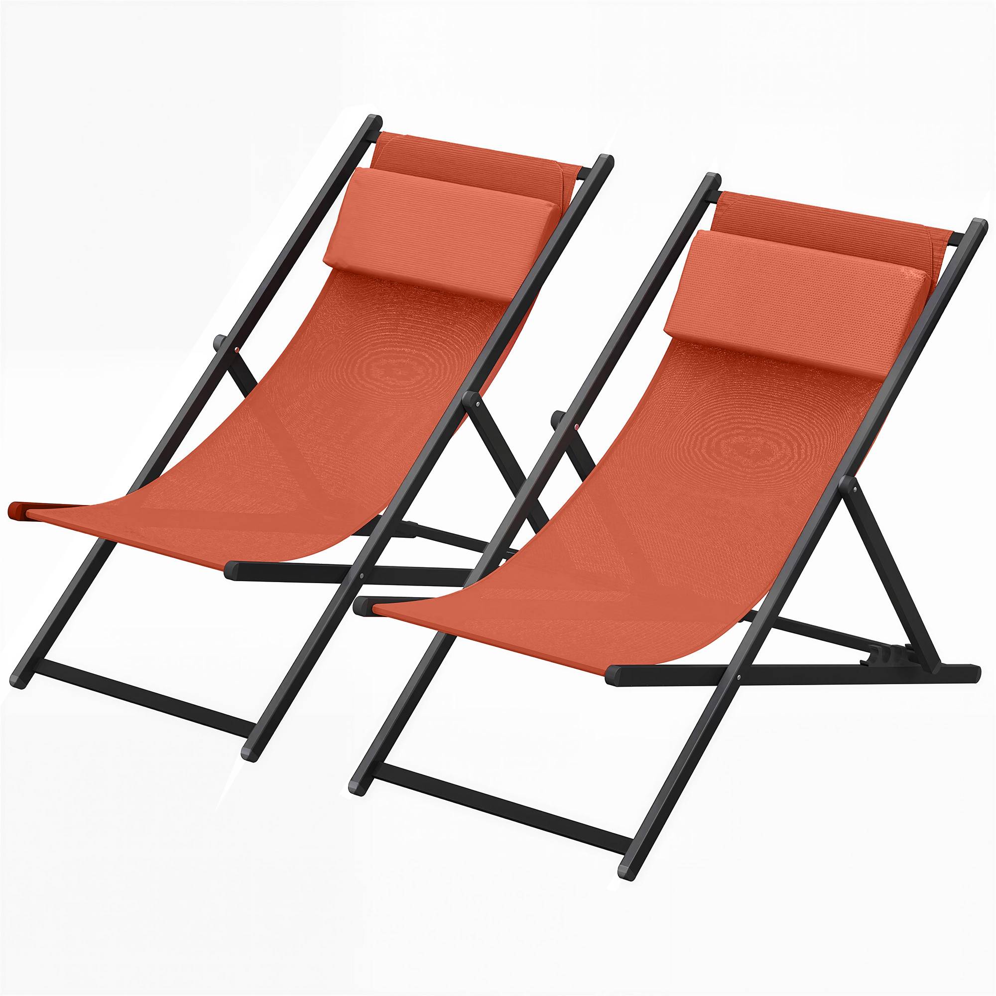 Lot de 2 bain de soleil, chaise longue pliante avec appuie-tête - 100x61x85cm Aluminium Rouge fr73 - Image 2