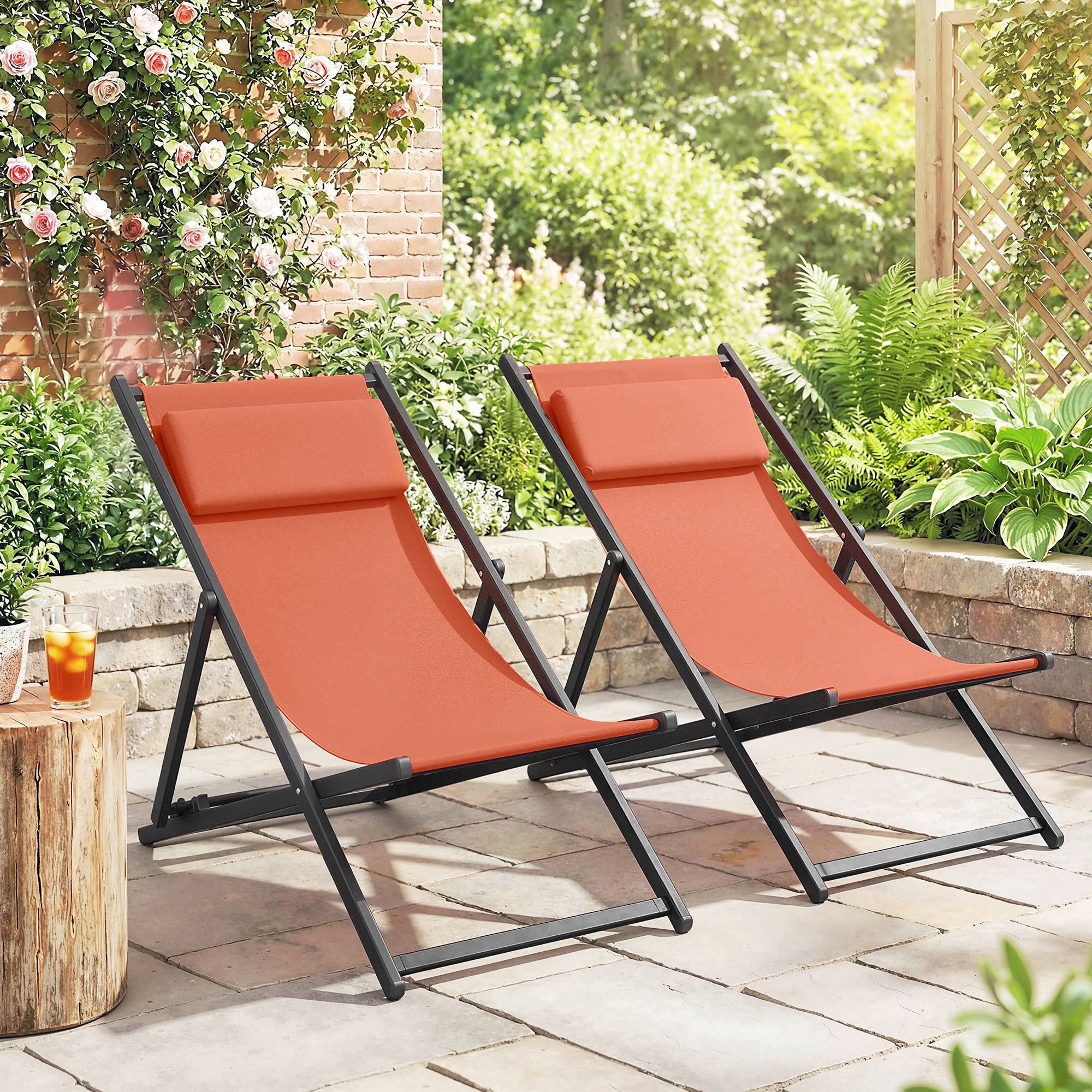 Lot de 2 bain de soleil, chaise longue pliante avec appuie-tête - 100x61x85cm Aluminium Rouge fr73 - Image 4