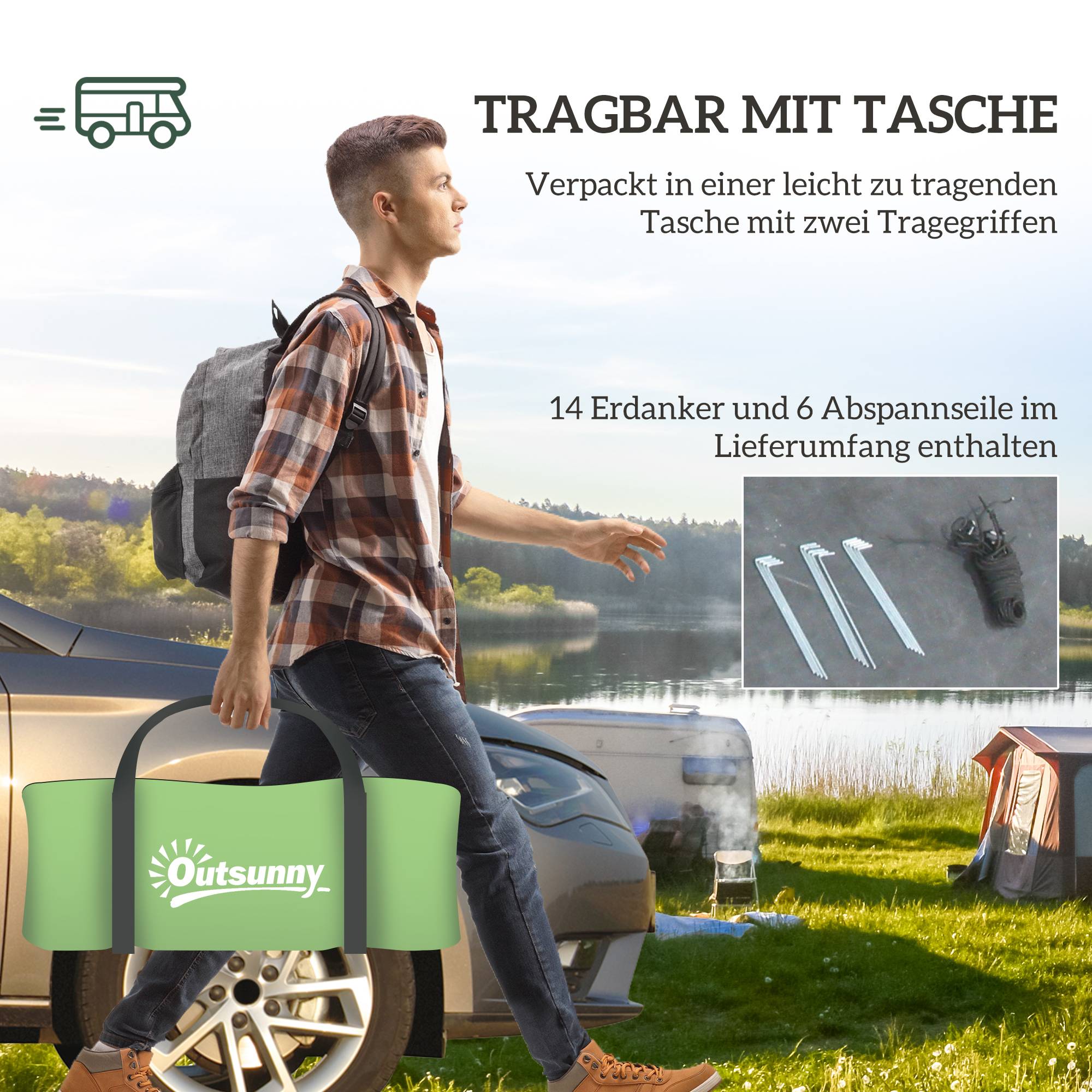 Sans Marque - Tente camping 3-4 pers., stable, imperméable, familiale, chambre+salon, 3000mm, vert foncé - Image 9