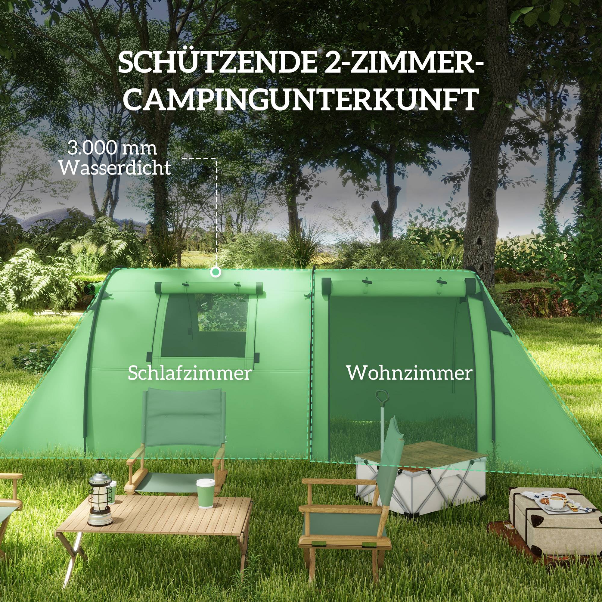 Sans Marque - Tente camping 3-4 pers., stable, imperméable, familiale, chambre+salon, 3000mm, vert foncé - Image 6