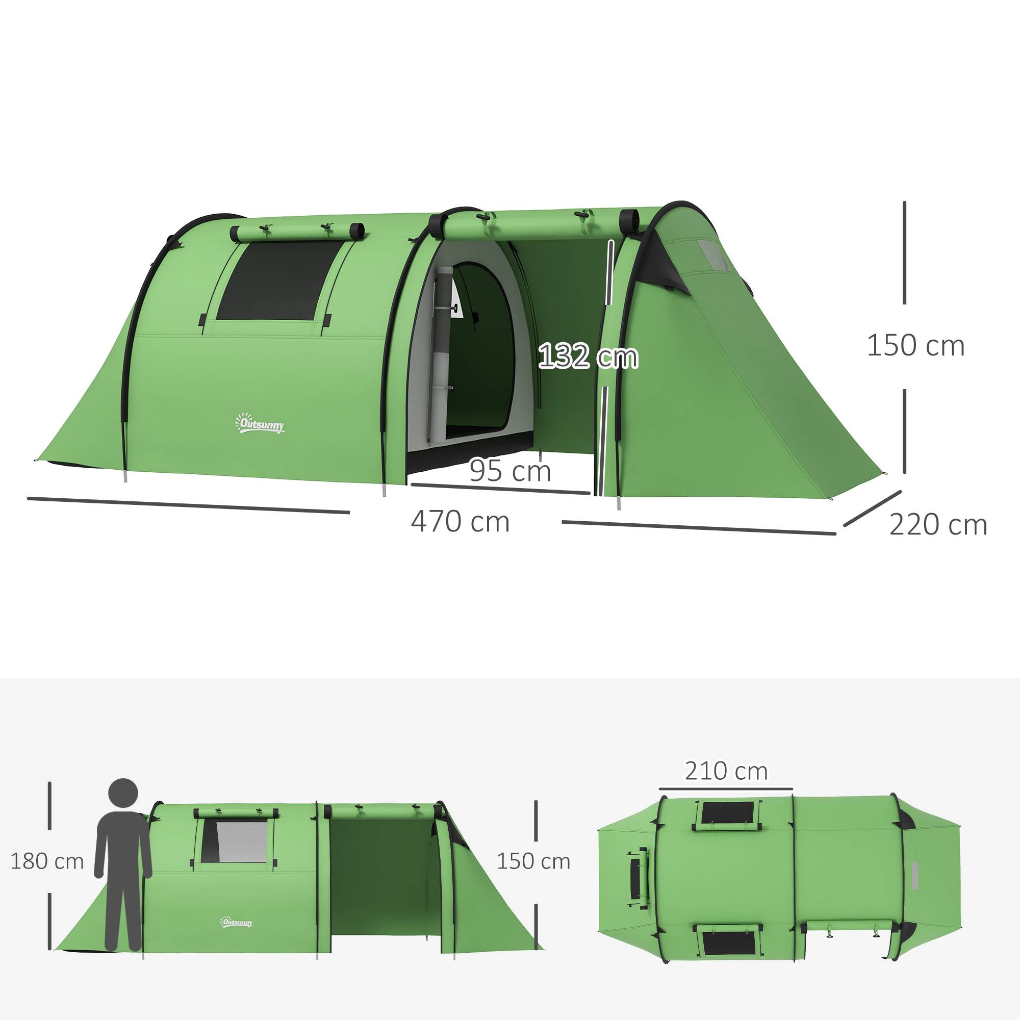 Sans Marque - Tente camping 3-4 pers., stable, imperméable, familiale, chambre+salon, 3000mm, vert foncé - Image 5