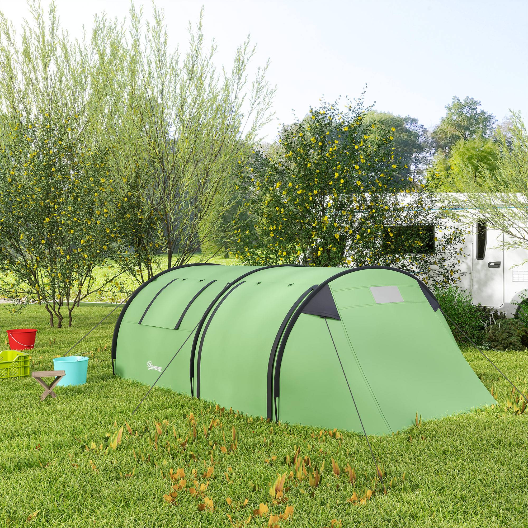 Sans Marque - Tente camping 3-4 pers., stable, imperméable, familiale, chambre+salon, 3000mm, vert foncé - Image 4