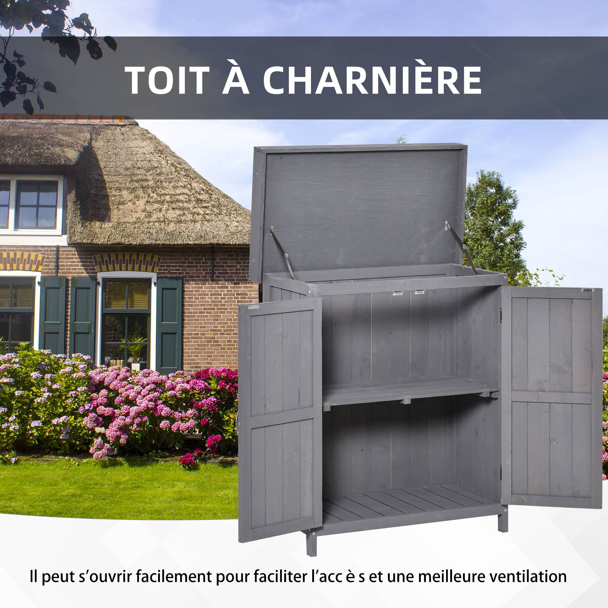Outsunny - Armoire de Jardin sur Pied Double Porte avec étagère et toit bitumé relevable 74x43x88 cm Bois Massif de Sapin - Outsunny - Image 5