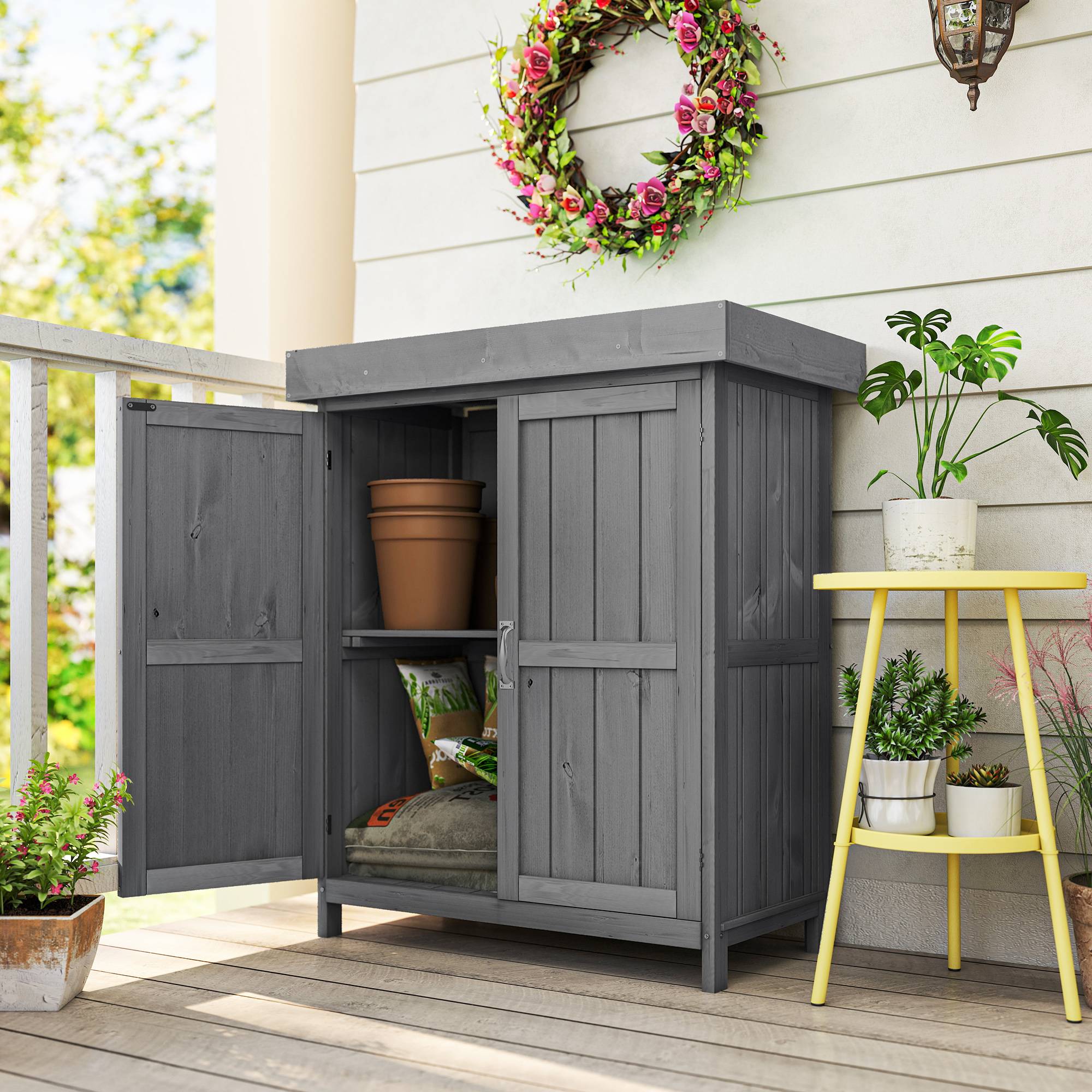 Outsunny - Armoire de Jardin sur Pied Double Porte avec étagère et toit bitumé relevable 74x43x88 cm Bois Massif de Sapin - Outsunny - Image 2