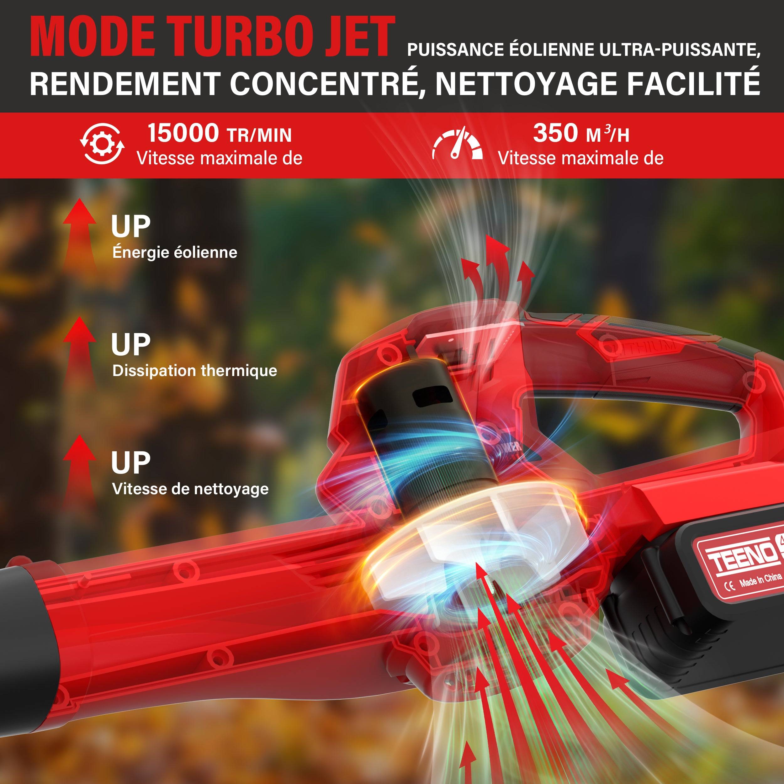 Teeno - Souffleur à feuilles sans fil, 21V, 2 batteries 4,0 Ah, vitesse de rotation 15 000 tr/min, chargeur rapide inclu - Image 3