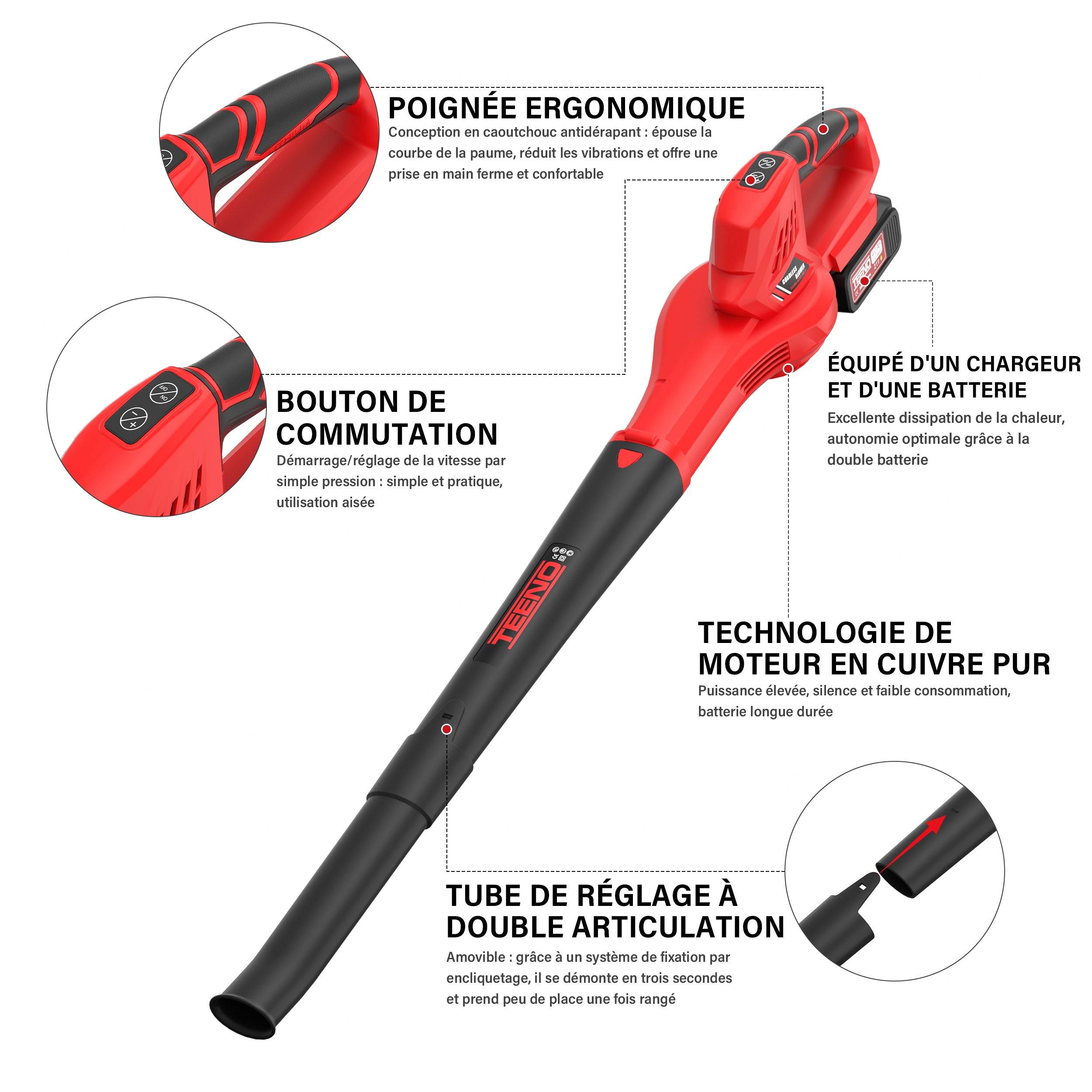 Teeno - Souffleur à feuilles sans fil, 21V, 2 batteries 4,0 Ah, vitesse de rotation 15 000 tr/min, chargeur rapide inclu - Image 4