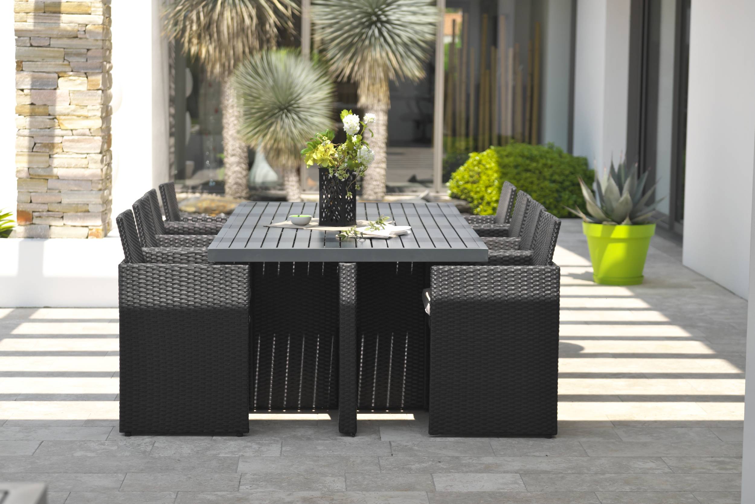 Dcb Garden - Ensemble repas encastrable 8 places résine tresséee - Noir - PVC-8-ALU - Image 6