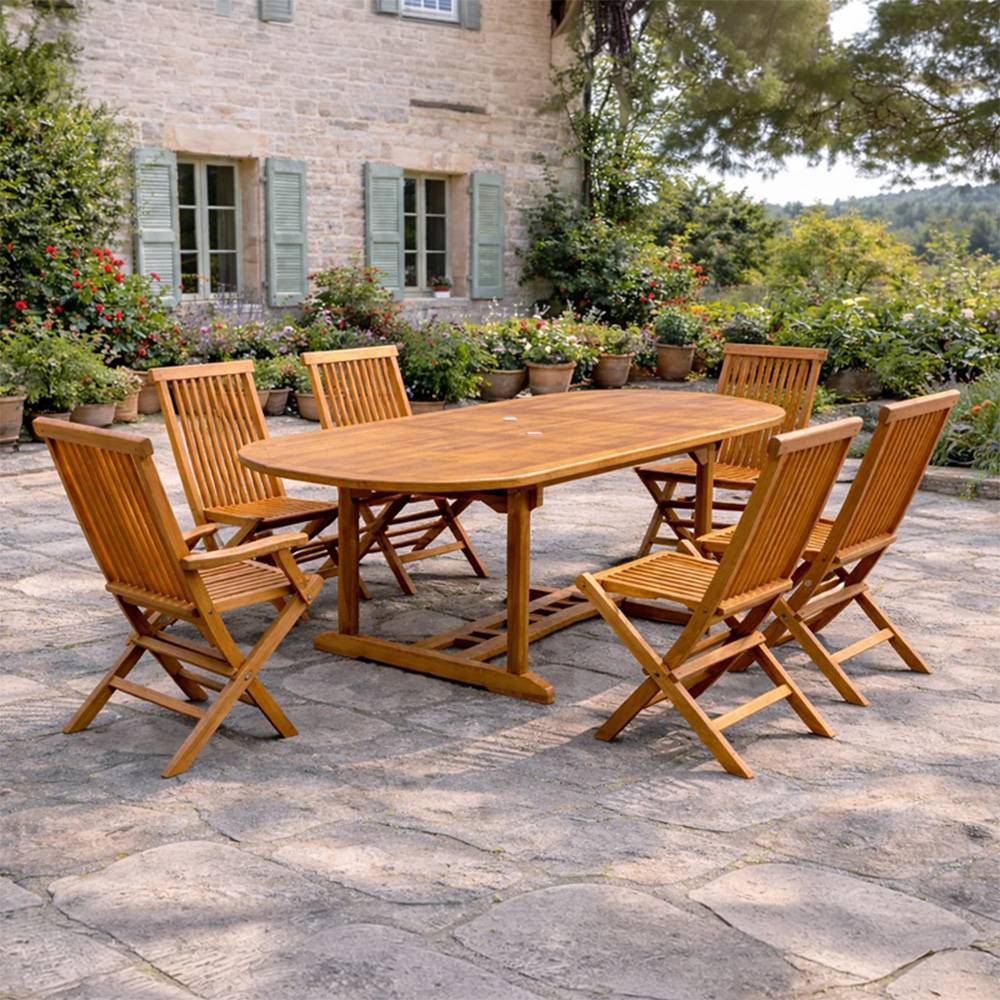 Salon de jardin Teck huilé 6 pers - Table ovale 4 chaises 2 fauteuils LUBOK - Image 2