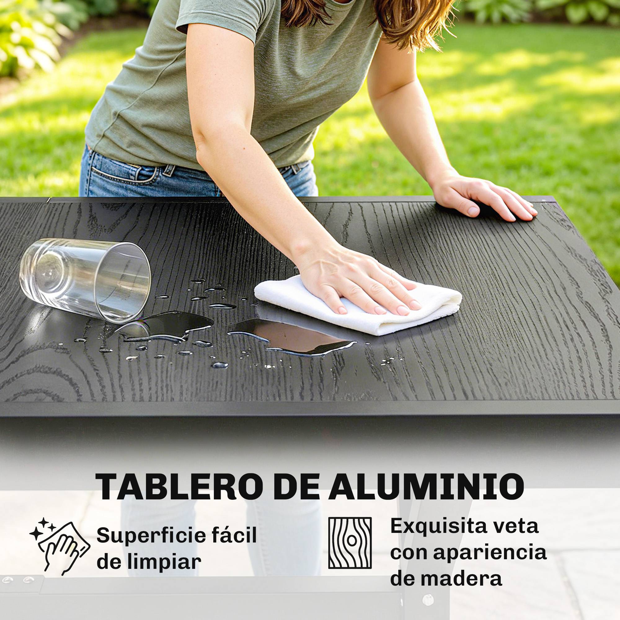 Table de jardin extensible 154/214 cm pour 8 à 10 personnes, en aluminium et acier avec plateau aspect bois gris - Image 7
