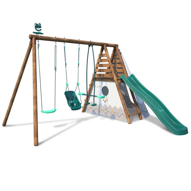 Soulet - Portique en bois rond 3 agrès avec balançoire bébé, tipi et toboggan CAMELIA - Image 1