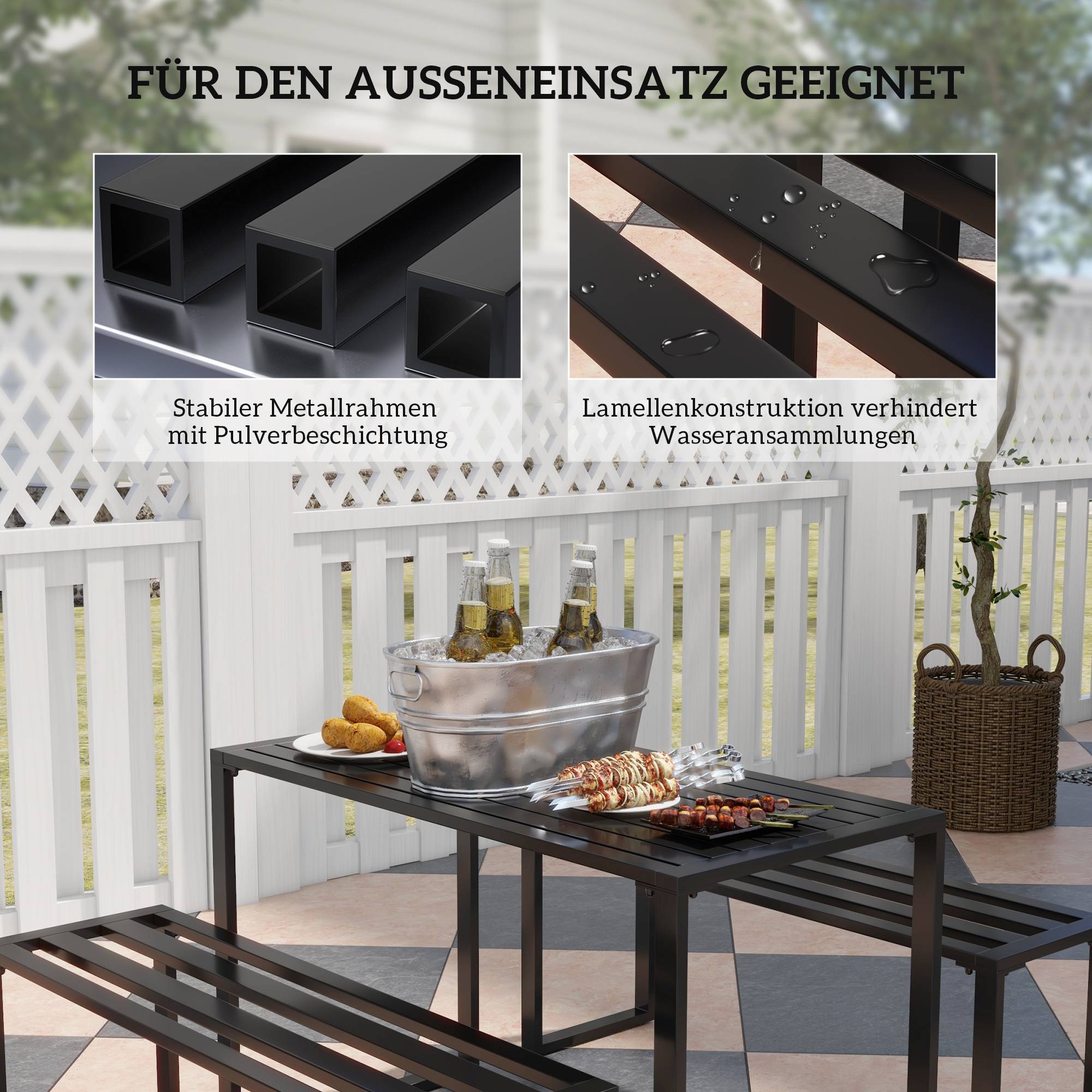 Mobilier de jardin 4 places : table + 2 bancs, métal, noir - Image 4