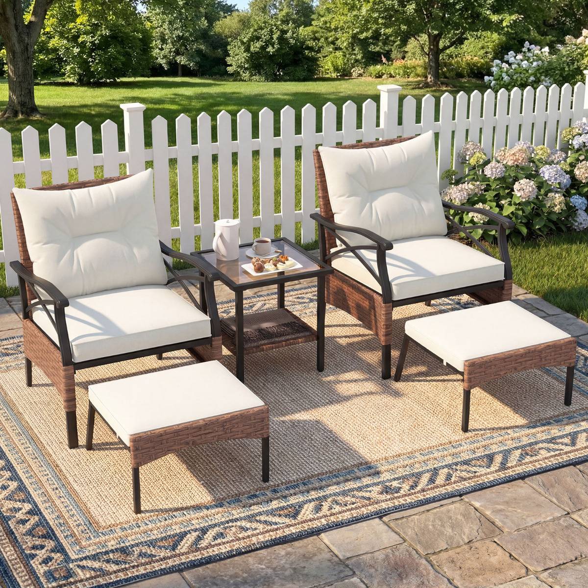 Ensemble de Meubles de Patio 5 Pièces Salon de Jardin en Rotin - 2 Chaises 2 Poufs et 1 Table Basse Beige MAISON CHIC - Image 4