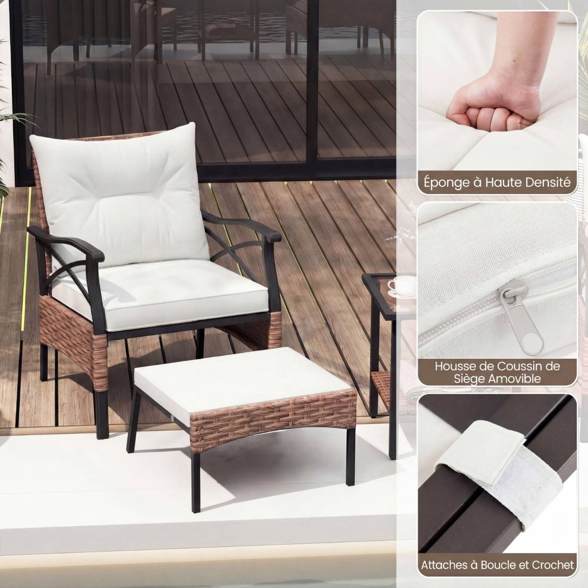 Ensemble de Meubles de Patio 5 Pièces Salon de Jardin en Rotin - 2 Chaises 2 Poufs et 1 Table Basse Beige MAISON CHIC - Image 6