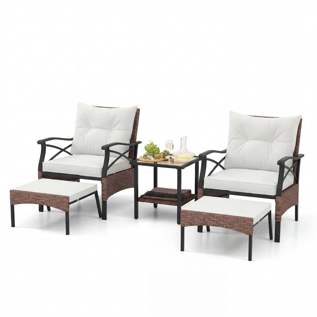 Ensemble de Meubles de Patio 5 Pièces Salon de Jardin en Rotin - 2 Chaises 2 Poufs et 1 Table Basse Beige MAISON CHIC - Image 5