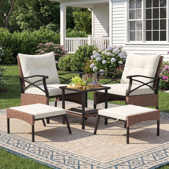 Ensemble de Meubles de Patio 5 Pièces Salon de Jardin en Rotin - 2 Chaises 2 Poufs et 1 Table Basse Beige MAISON CHIC - Image 2