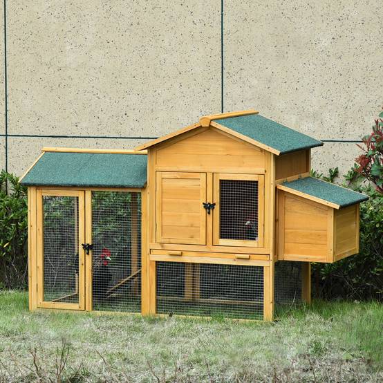 Poulailler pour poules naines avec enclos et pondoir. Construction en bois de sapin traité anti-intempéries, toit en asphalte. Jaune et vert. - Image 3