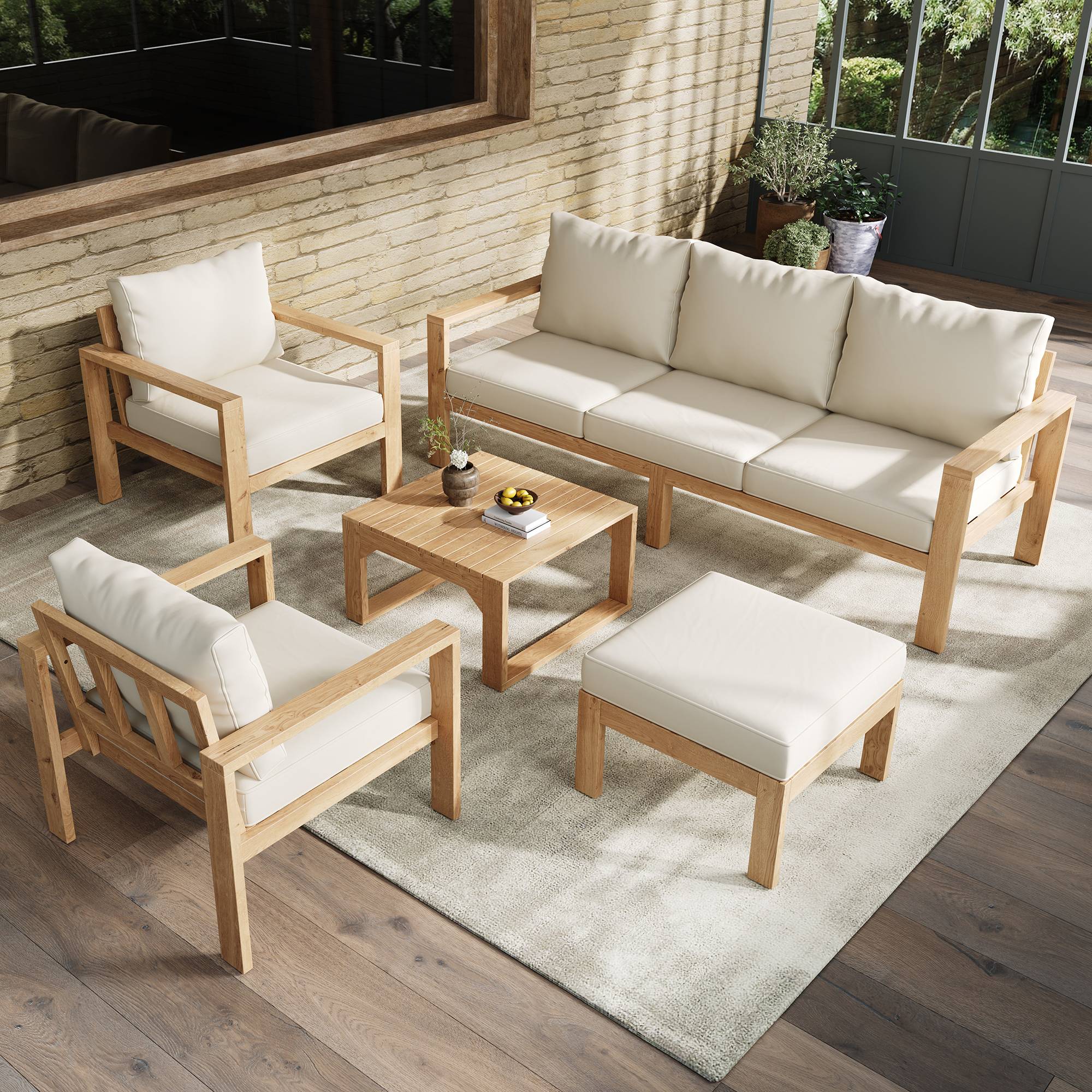 Salon de jardin bois acacia massif terrasse extérieur ensemble 5 pièces 6 places crème - ComfortXL Outdoor Living - Image 1