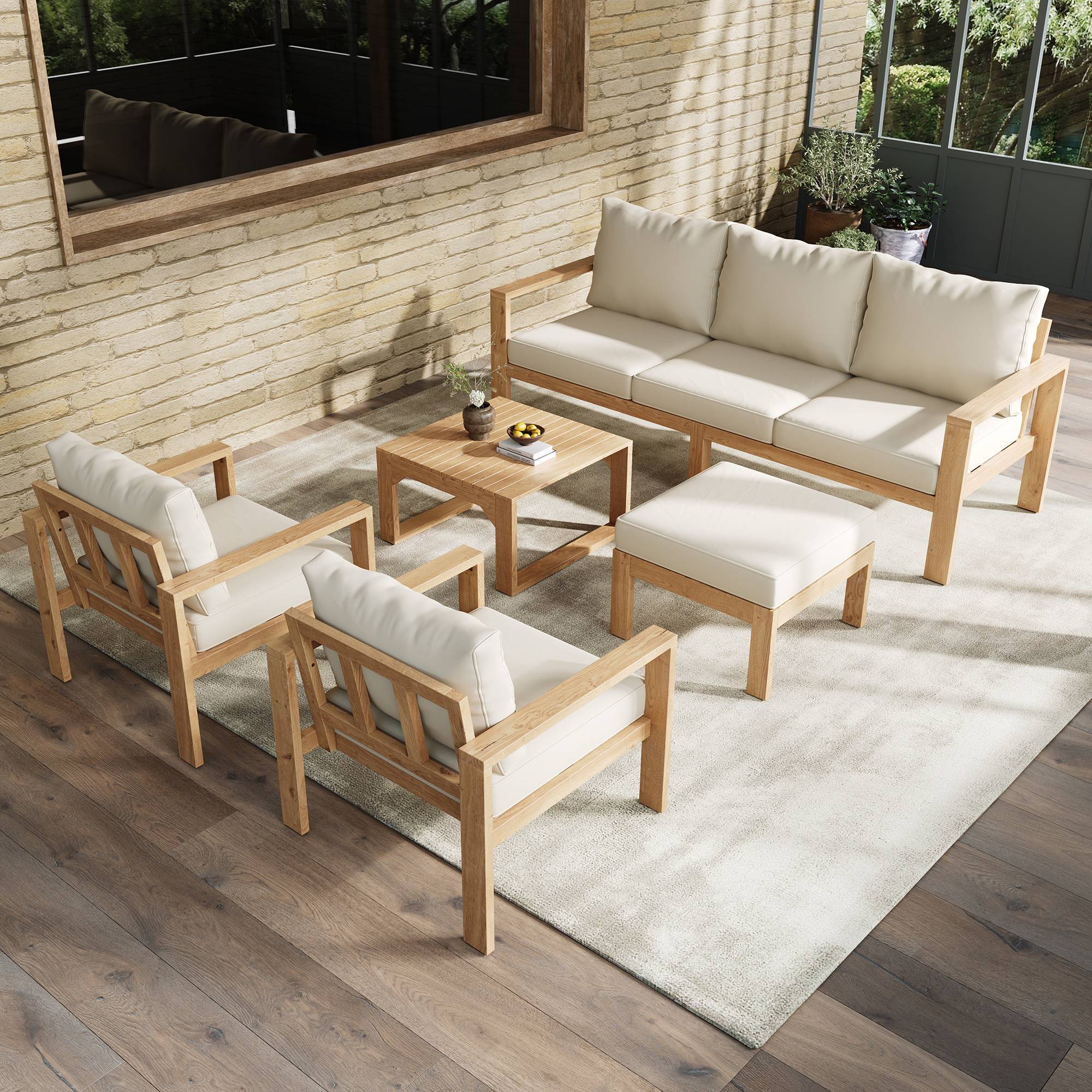 Salon de jardin bois acacia massif terrasse extérieur ensemble 5 pièces 6 places crème - ComfortXL Outdoor Living - Image 10