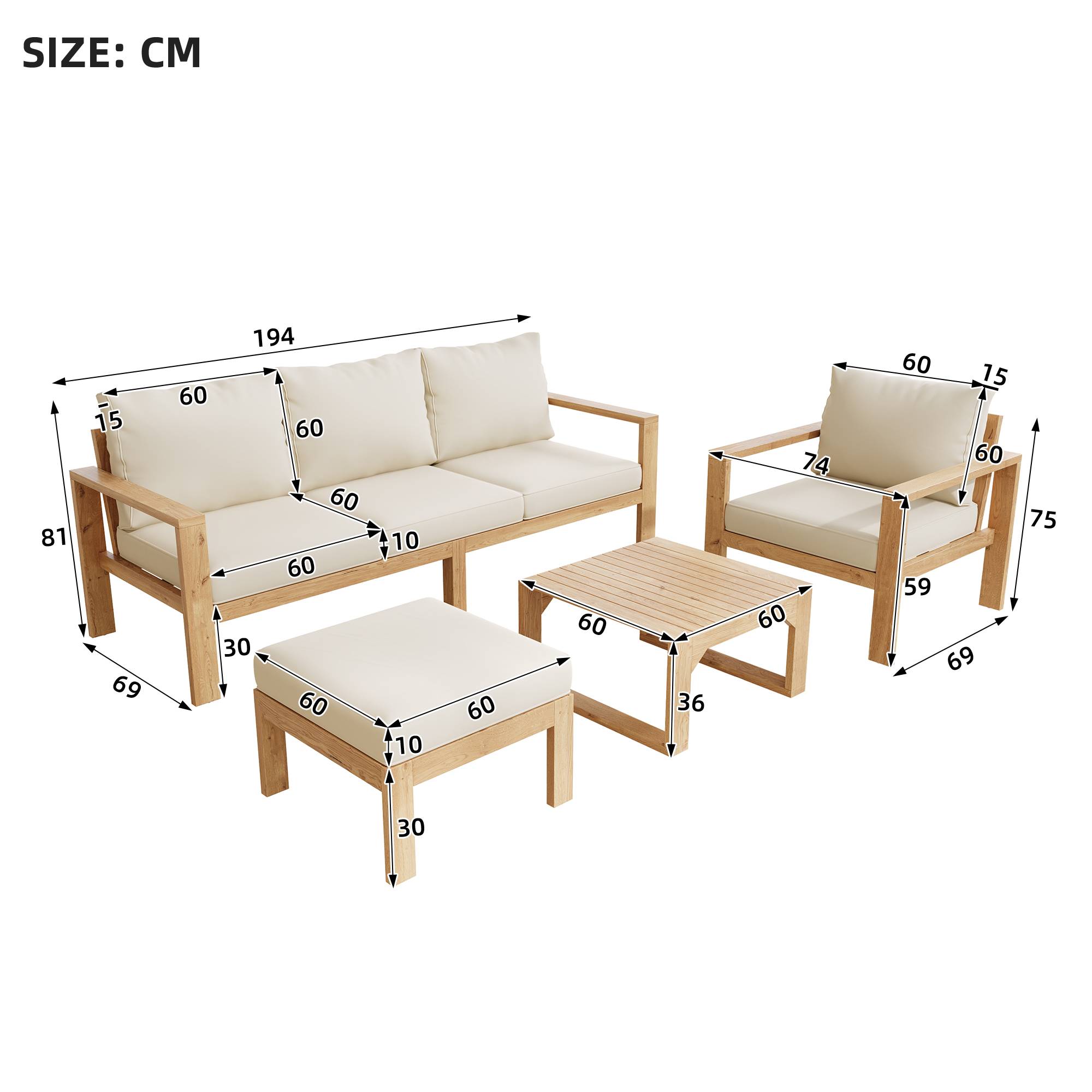 Salon de jardin bois acacia massif terrasse extérieur ensemble 5 pièces 6 places crème - ComfortXL Outdoor Living - Image 3