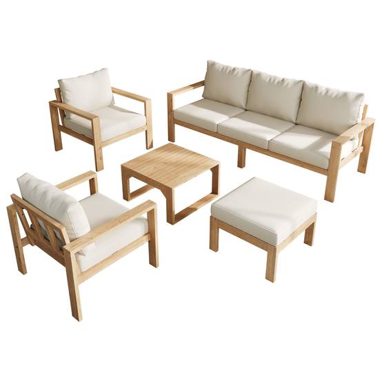 Salon de jardin bois acacia massif terrasse extérieur ensemble 5 pièces 6 places crème - ComfortXL Outdoor Living - Image 2