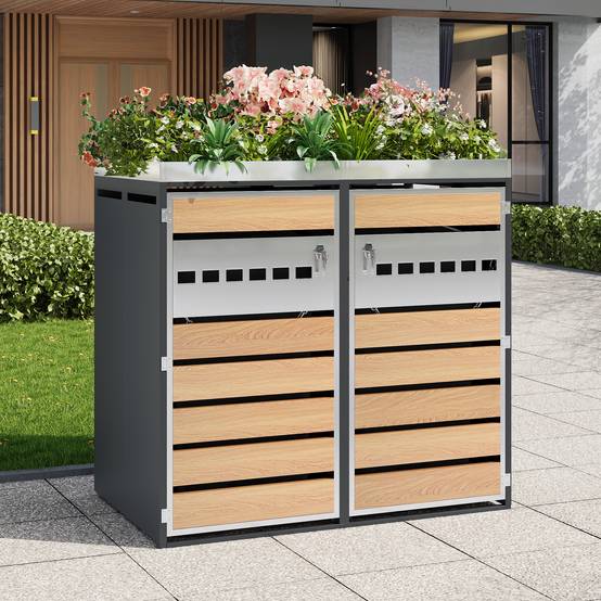 Mülltonnenbox avec bois imitation et compartiments séparéss, 132 x 80 x 124,5 cm - PANGIVO - Image 2