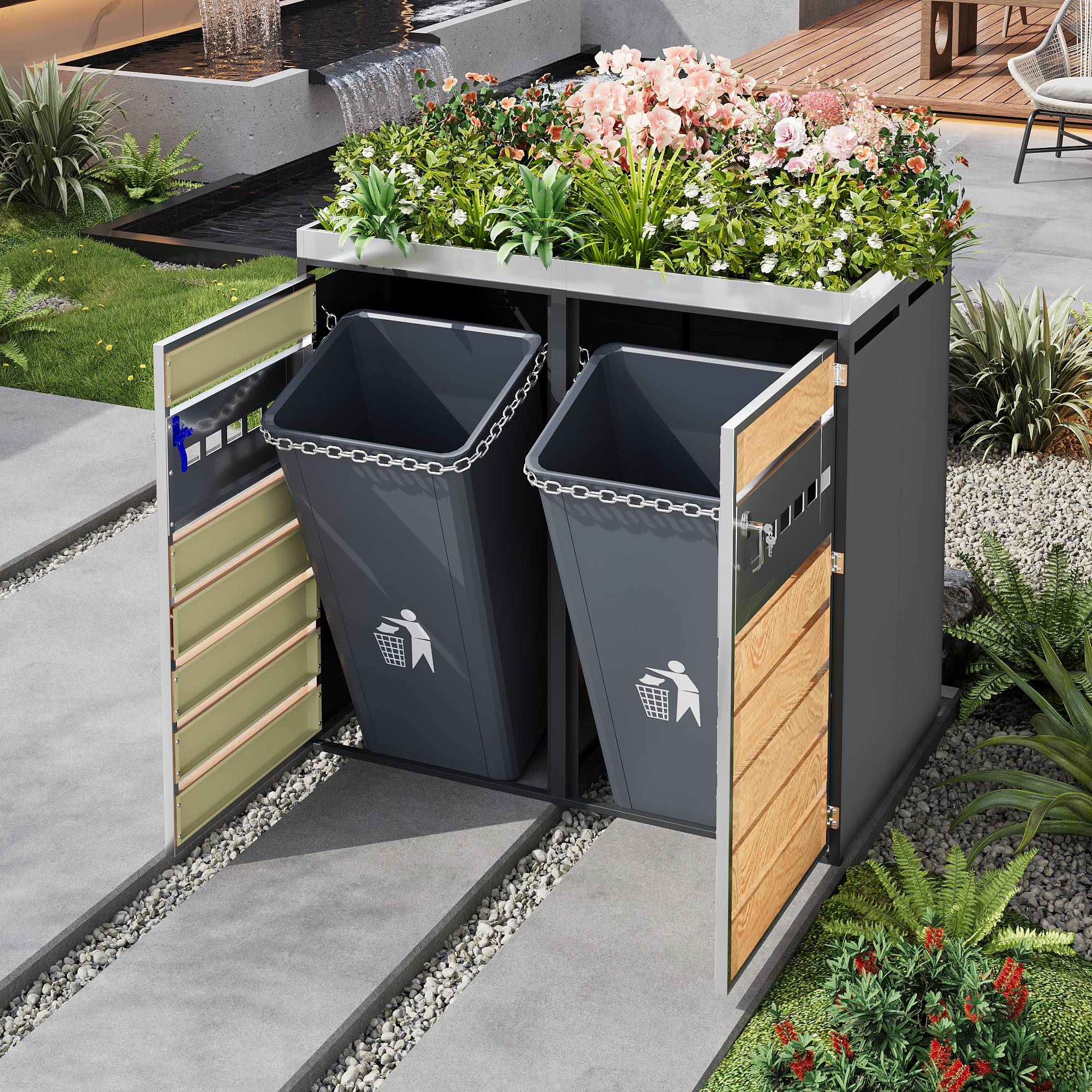 Mülltonnenbox avec bois imitation et compartiments séparéss, 132 x 80 x 124,5 cm - PANGIVO - Image 9