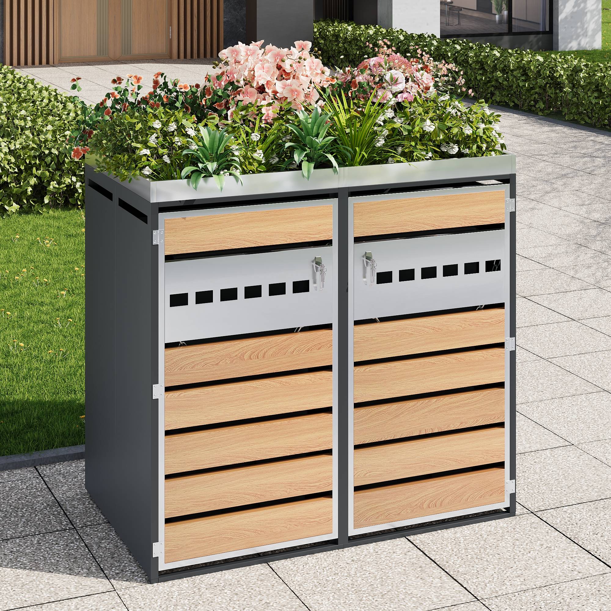 Mülltonnenbox avec bois imitation et compartiments séparéss, 132 x 80 x 124,5 cm - PANGIVO - Image 5