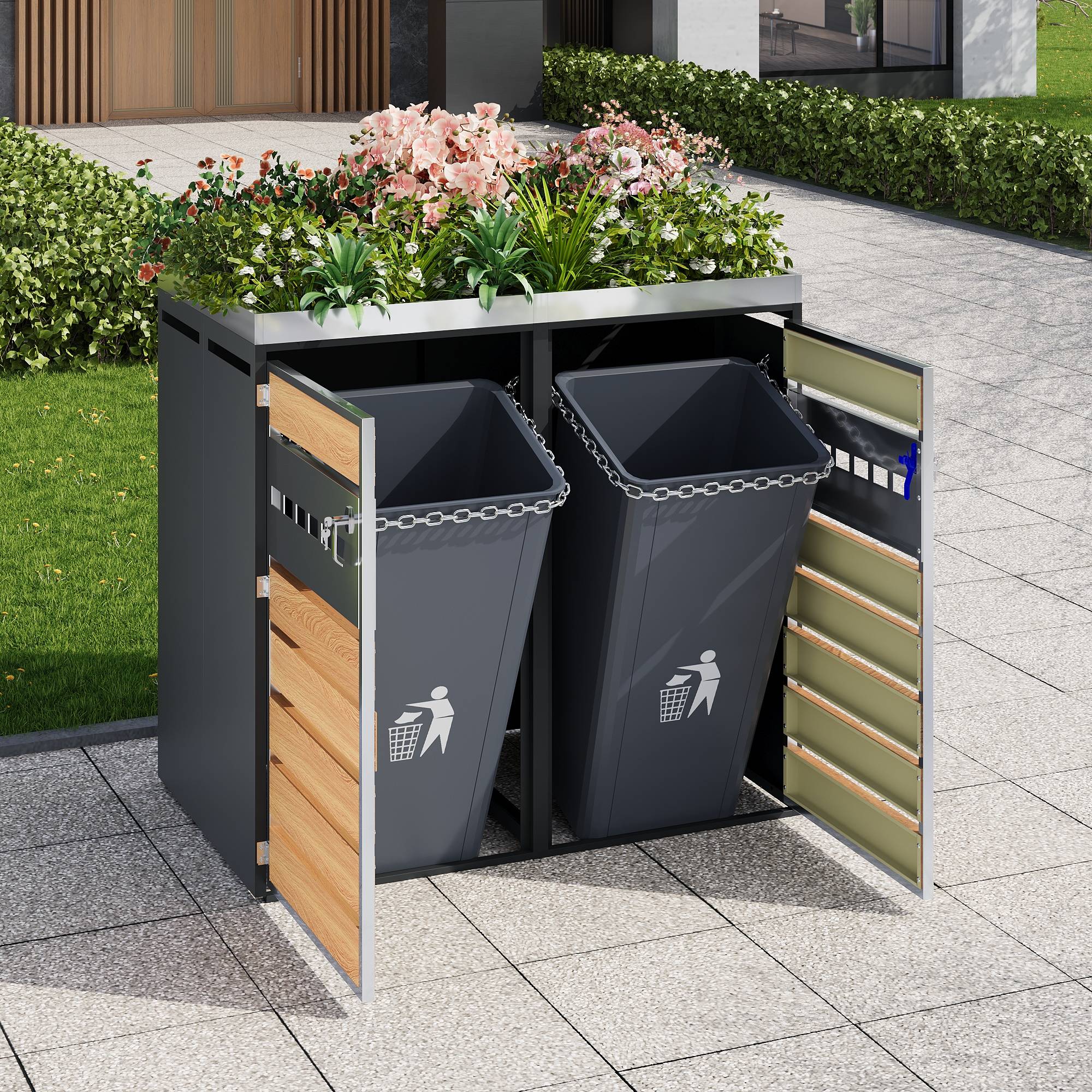 Mülltonnenbox avec bois imitation et compartiments séparéss, 132 x 80 x 124,5 cm - PANGIVO - Image 3