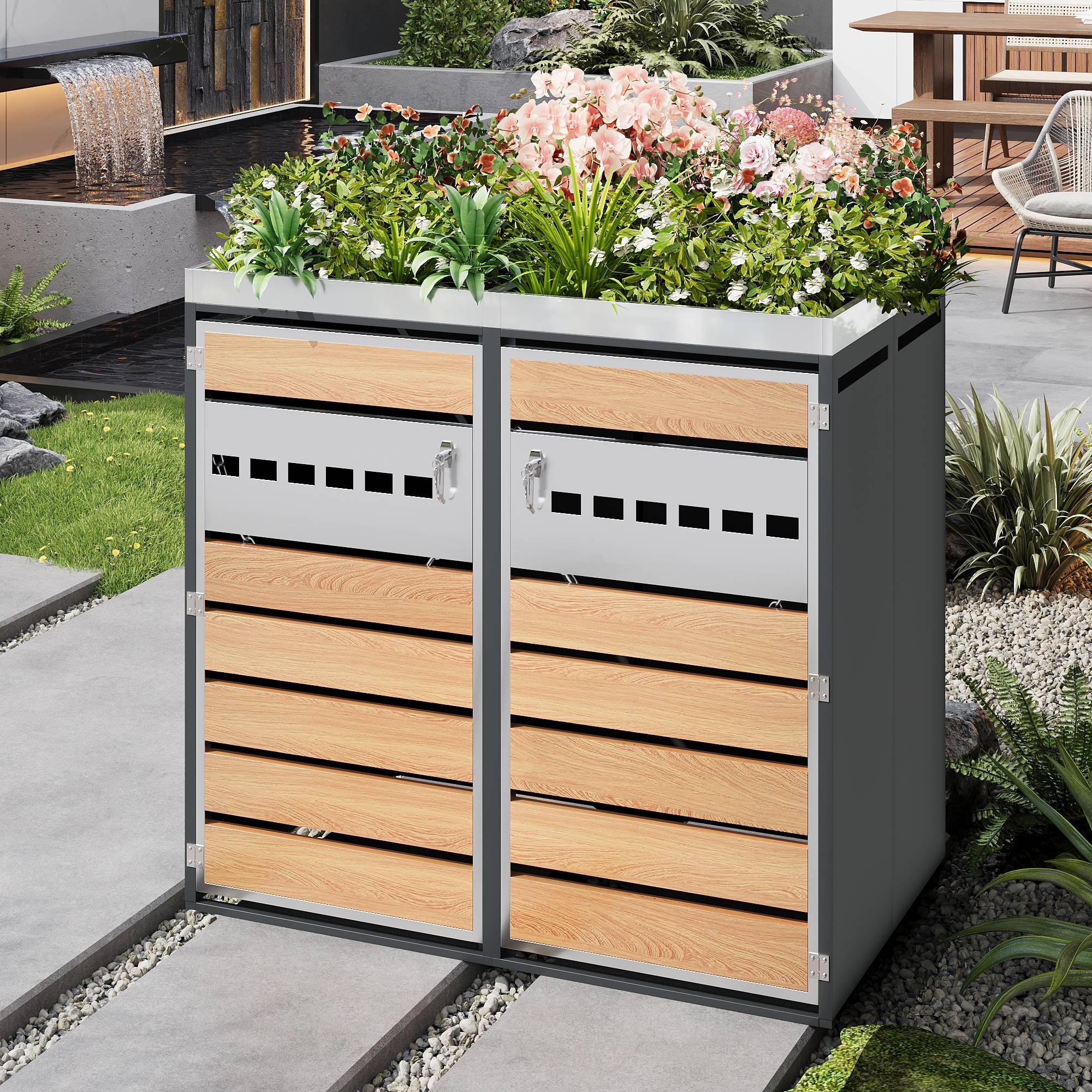 Mülltonnenbox avec bois imitation et compartiments séparéss, 132 x 80 x 124,5 cm - PANGIVO - Image 8