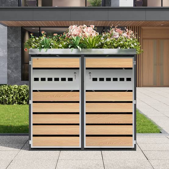 Mülltonnenbox avec bois imitation et compartiments séparéss, 132 x 80 x 124,5 cm - PANGIVO - Image 1