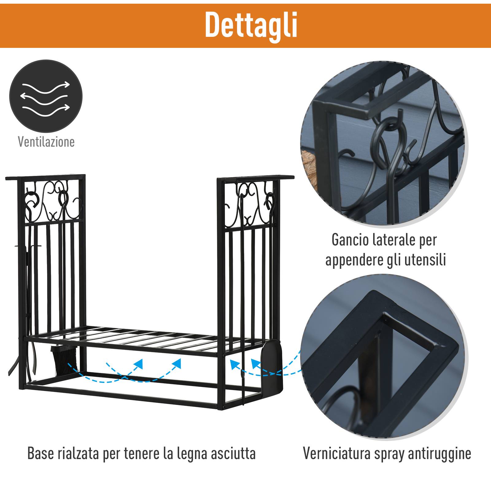 Porte-bûches surélevé en acier inoxydable, pour cheminée intérieure et extérieure, 4 outils inclus, 75 x 30 x 60 cm - Image 8