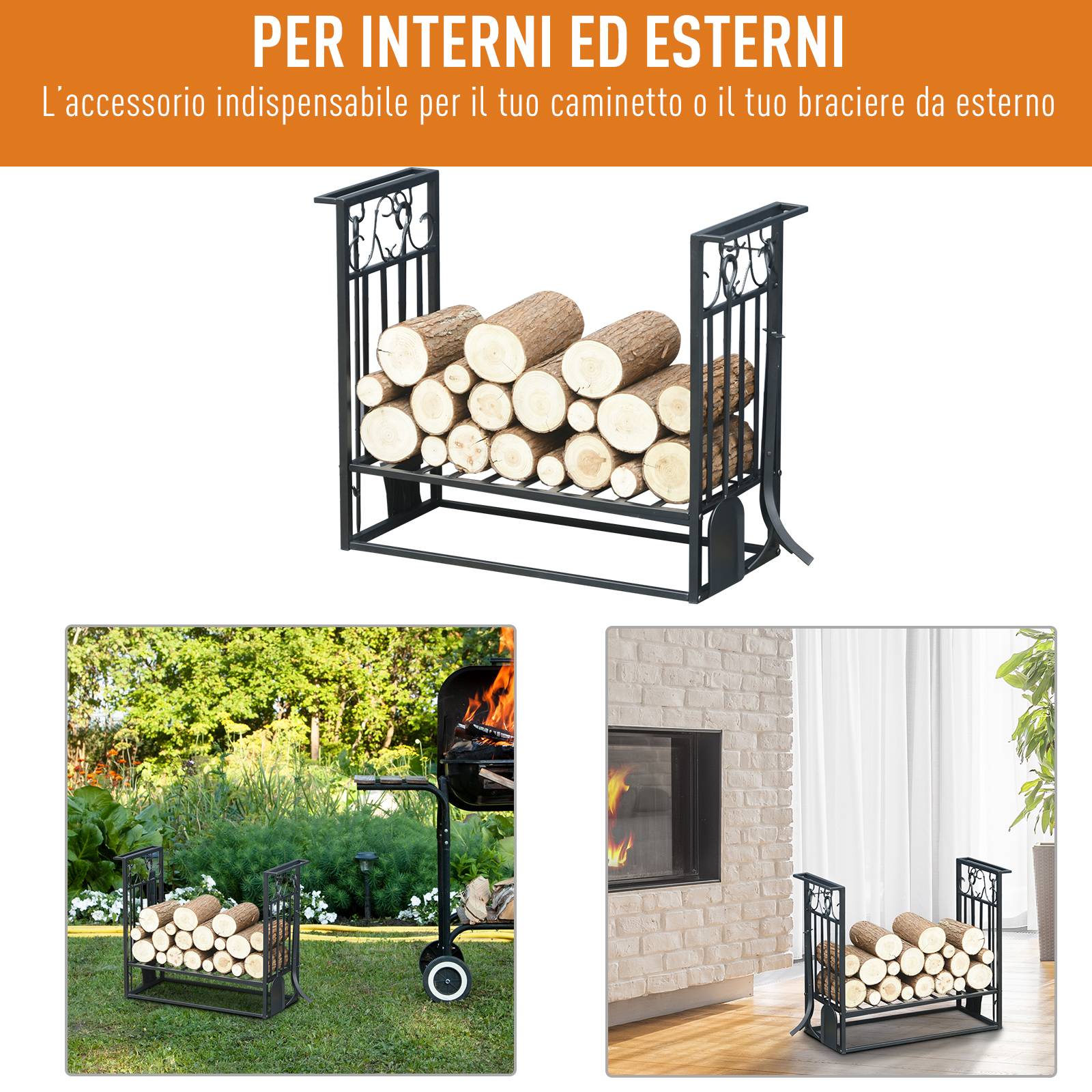 Porte-bûches surélevé en acier inoxydable, pour cheminée intérieure et extérieure, 4 outils inclus, 75 x 30 x 60 cm - Image 7