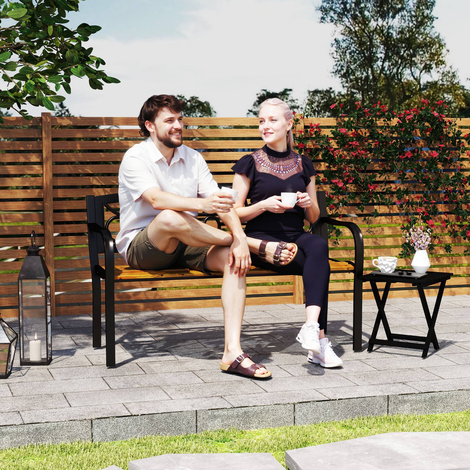 ComfortXL - Banc de jardin métal bois 2 places patio dossier fonte forgée 127x56x80 cm noir bois - ComfortXL Outdoor Living - Image 3
