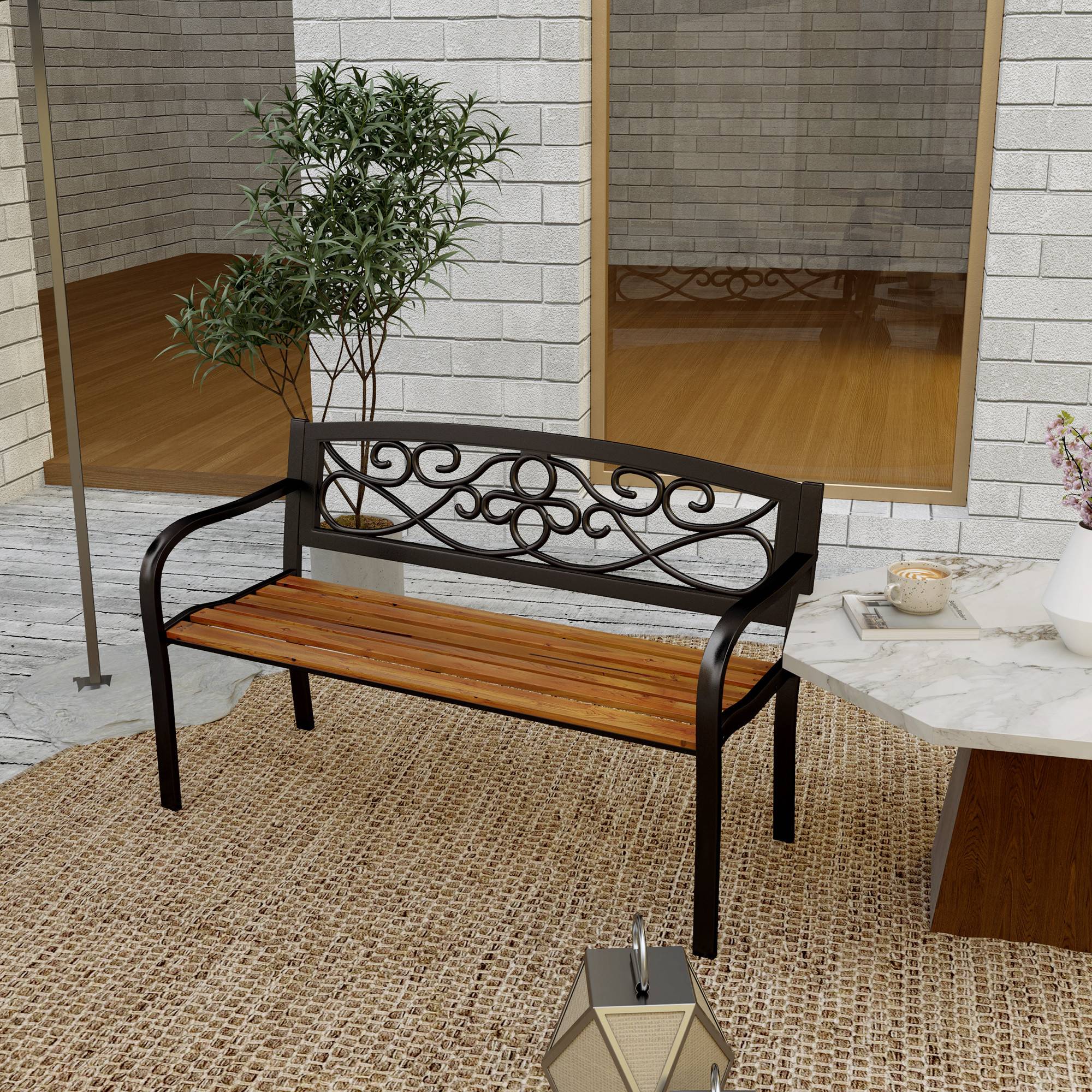 ComfortXL - Banc de jardin métal bois 2 places patio dossier fonte forgée 127x56x80 cm noir bois - ComfortXL Outdoor Living - Image 4