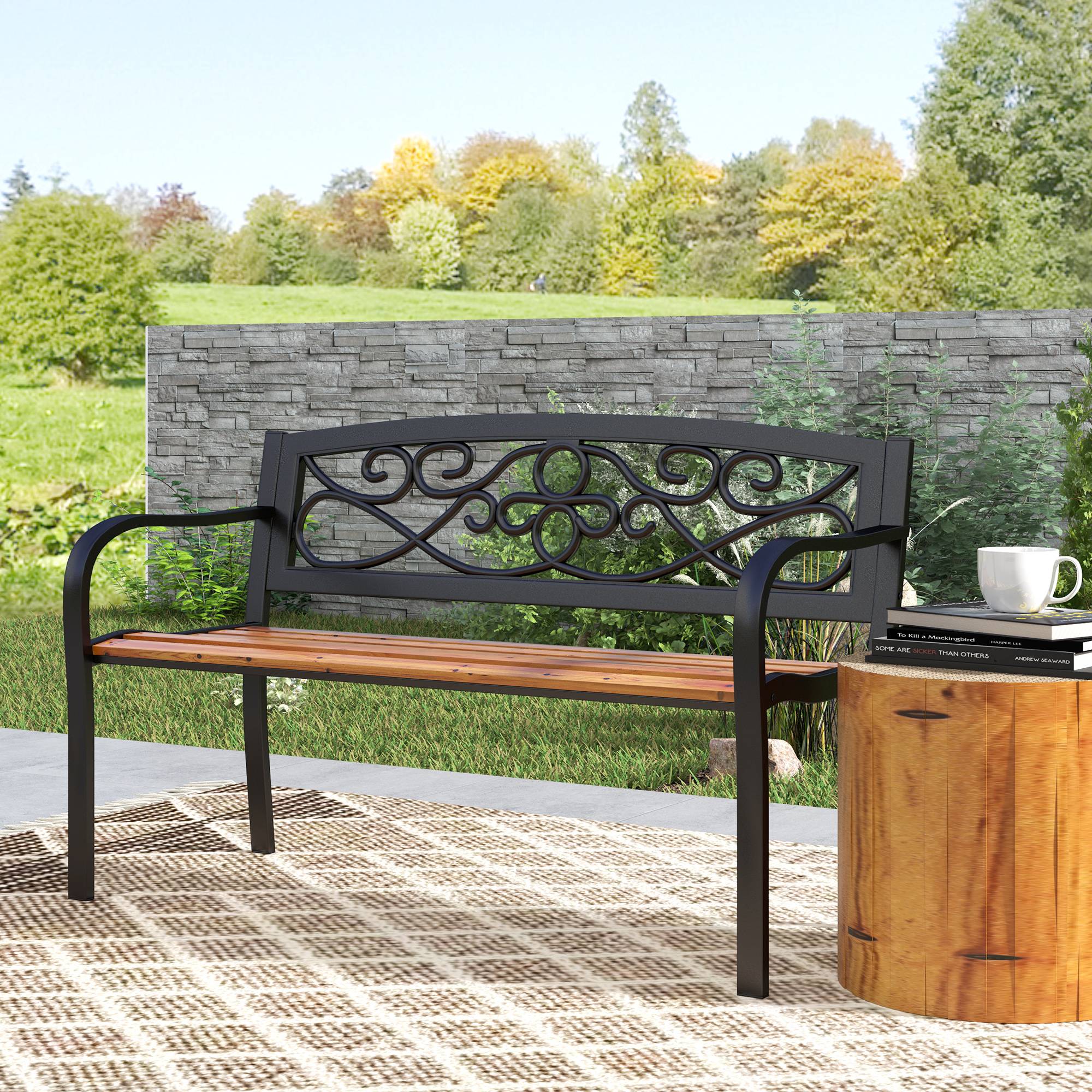 ComfortXL - Banc de jardin métal bois 2 places patio dossier fonte forgée 127x56x80 cm noir bois - ComfortXL Outdoor Living - Image 10