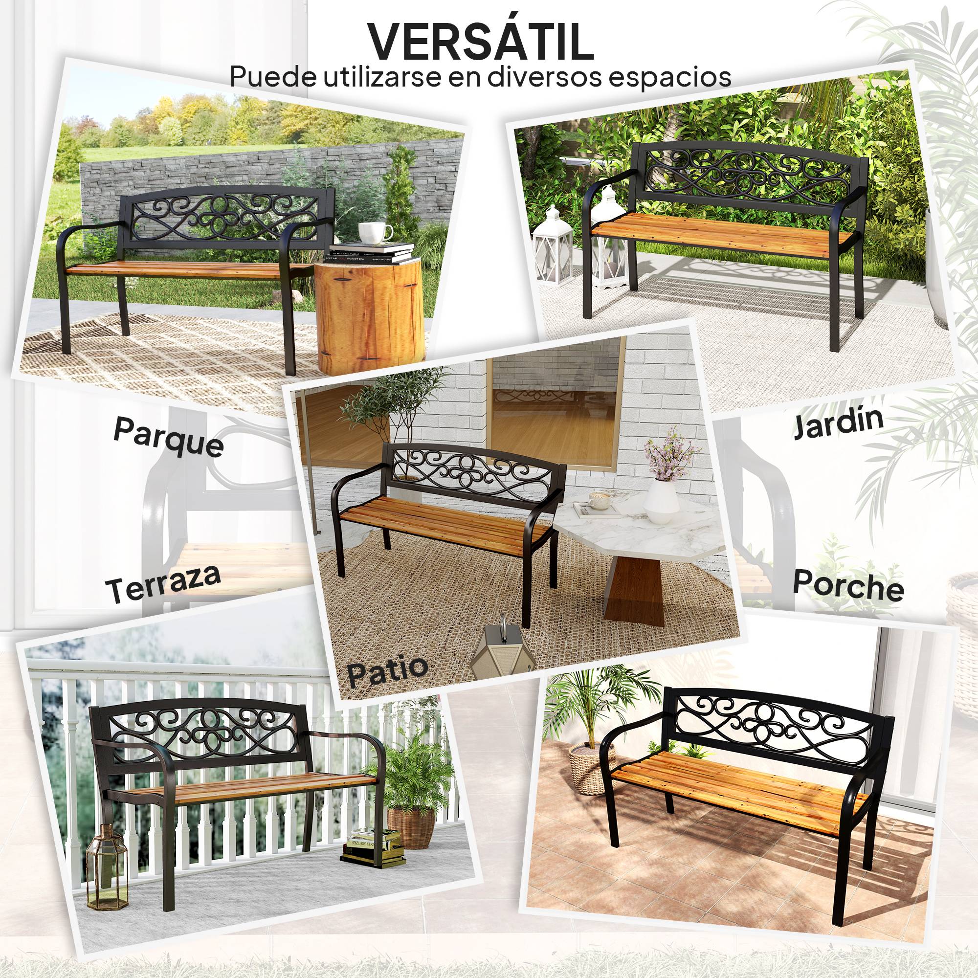 ComfortXL - Banc de jardin métal bois 2 places patio dossier fonte forgée 127x56x80 cm noir bois - ComfortXL Outdoor Living - Image 9