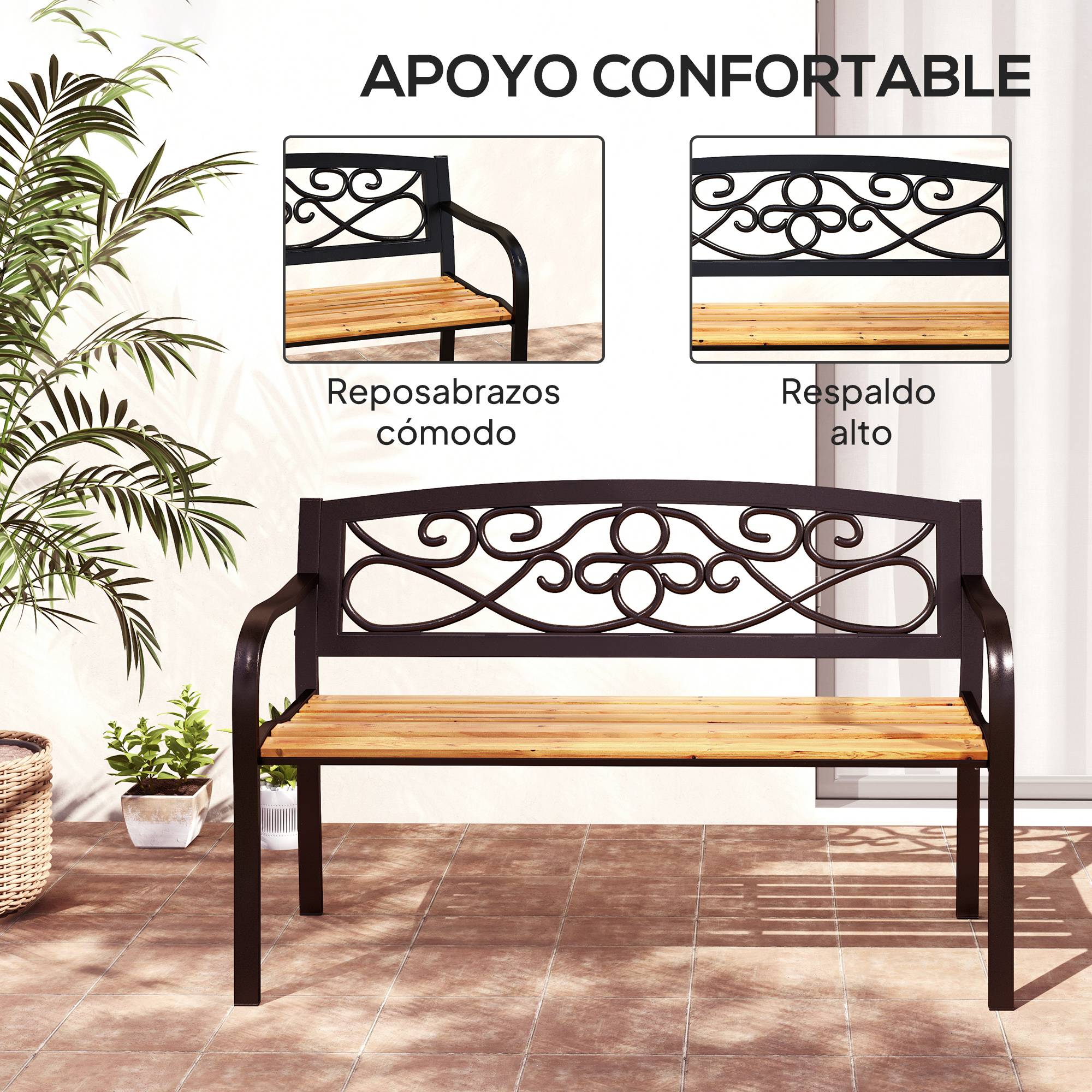 ComfortXL - Banc de jardin métal bois 2 places patio dossier fonte forgée 127x56x80 cm noir bois - ComfortXL Outdoor Living - Image 8