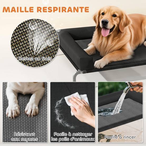 Lit surélevé chien toile Oxford intérieur extérieur rafraîchissant 130x90x30cm noir - ComfortXL Outdoor Living - Image 8