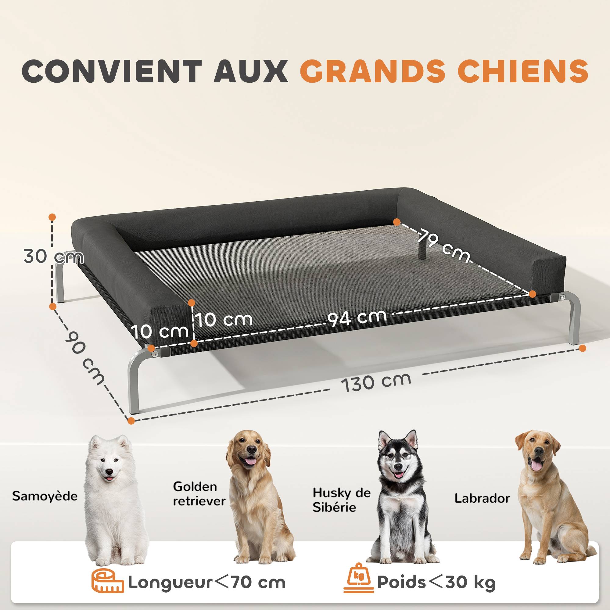 Lit surélevé chien toile Oxford intérieur extérieur rafraîchissant 130x90x30cm noir - ComfortXL Outdoor Living - Image 5